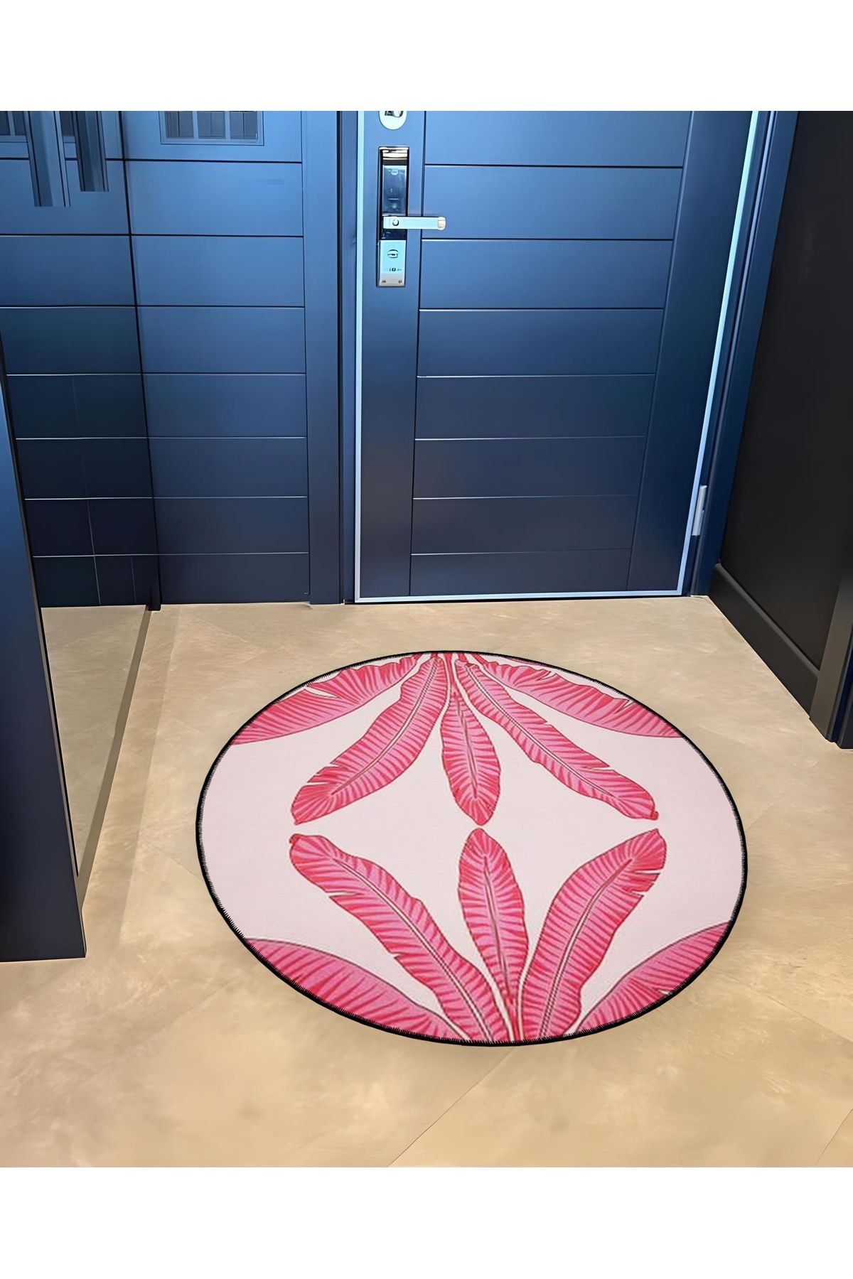 Pudra Pembe Tropikal Yapraklar Desenli Yuvarlak Dokuma Taban Modern Dekoratif Halı 6114