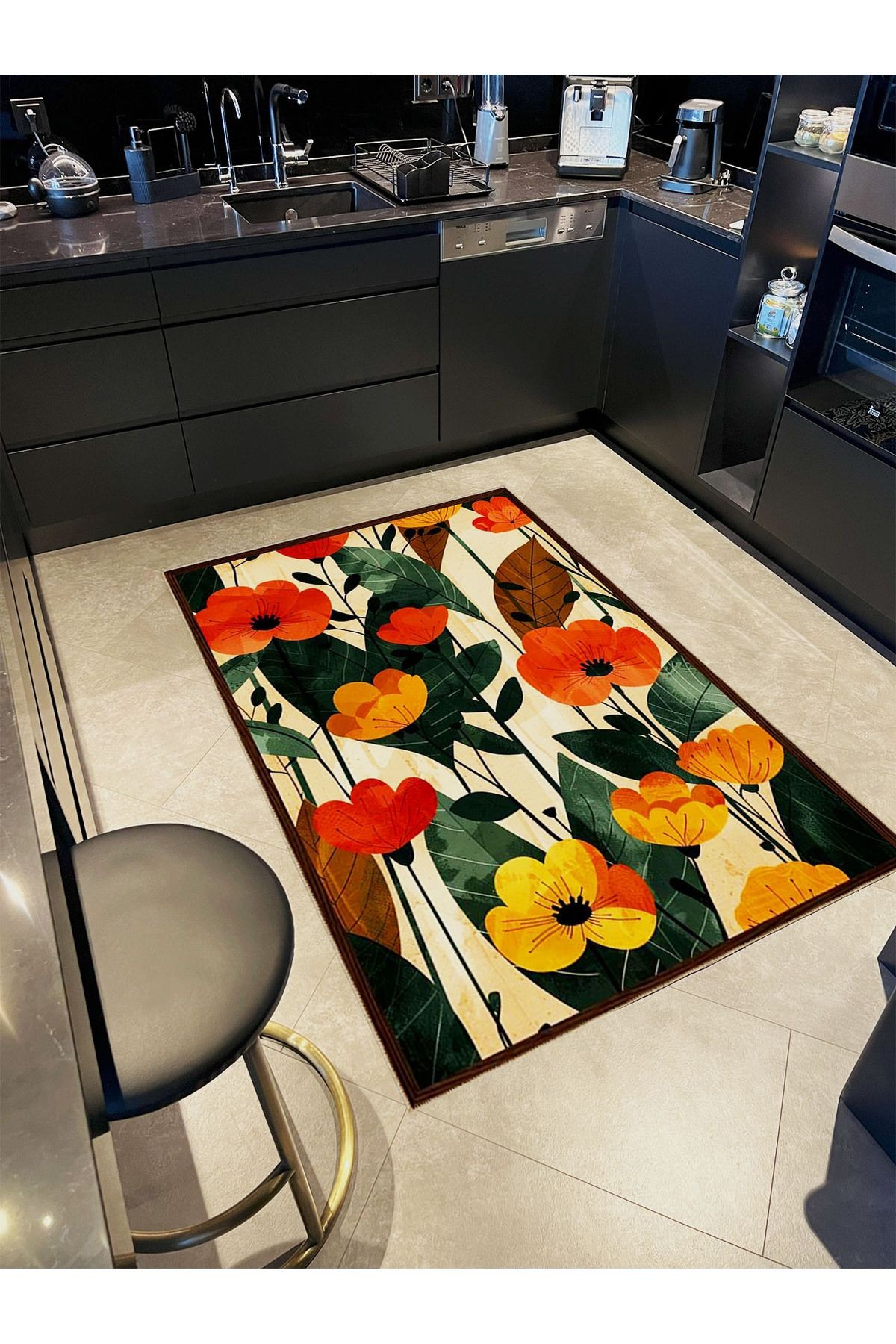 Emre Koleksiyonu Çok Renkli Floral Çiçekler Desenli Dokuma Taban Modern Dekoratif Halı 37