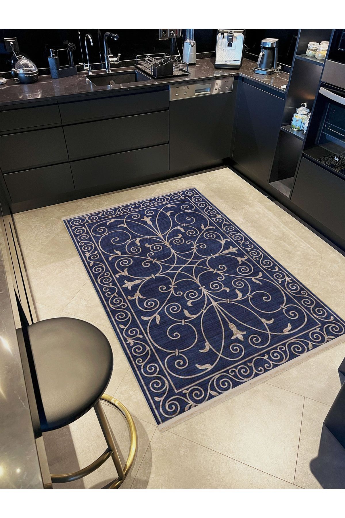 Alya Koleksiyonu Eskitme Görünümlü Lacivert Desenli Dokuma Taban Modern Dekoratif Halı alya37
