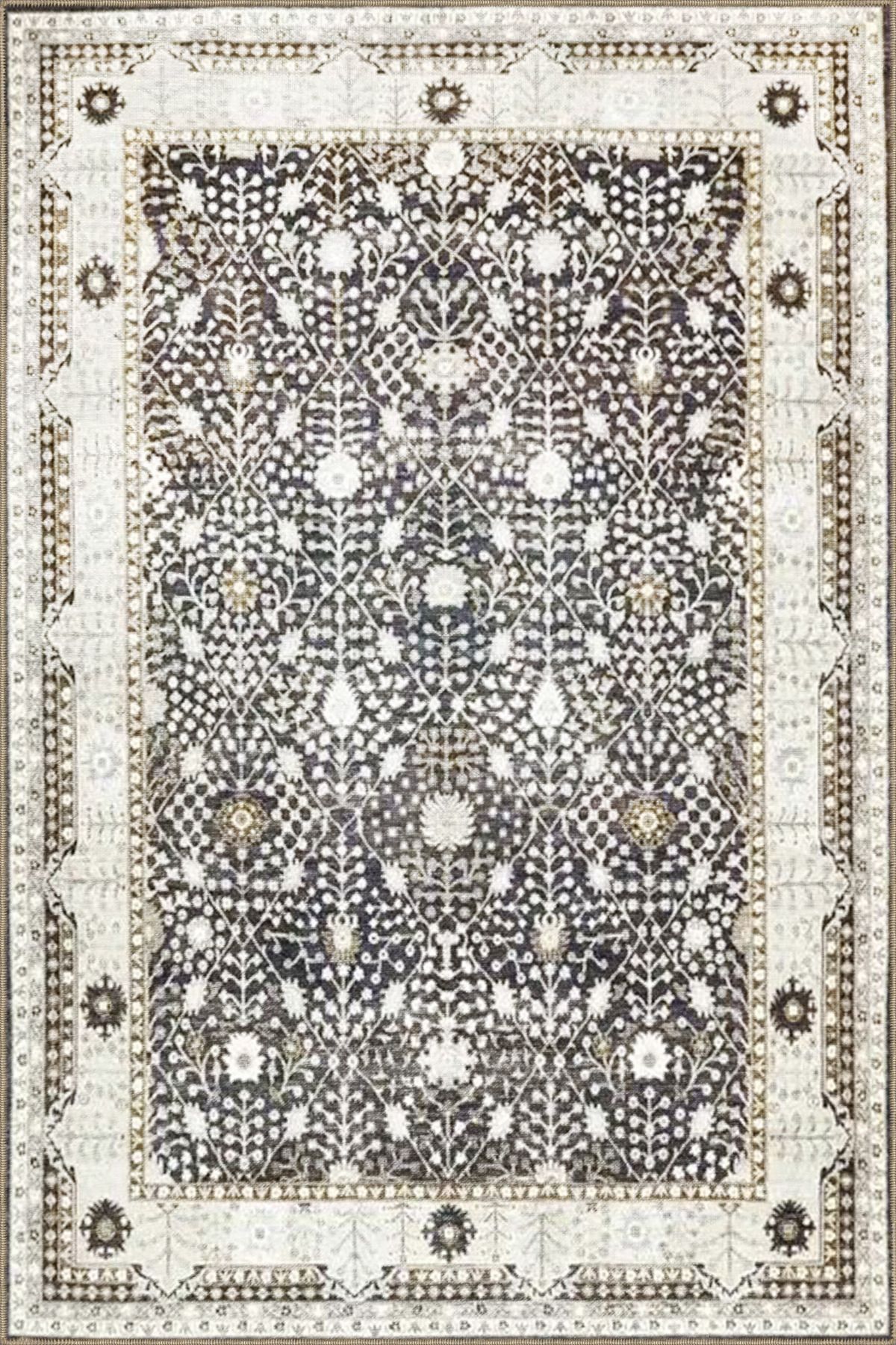 Siyah Bej Temalı Motifli Etnik Çiçek Desenli Vintage Dekoratif Halı 3497