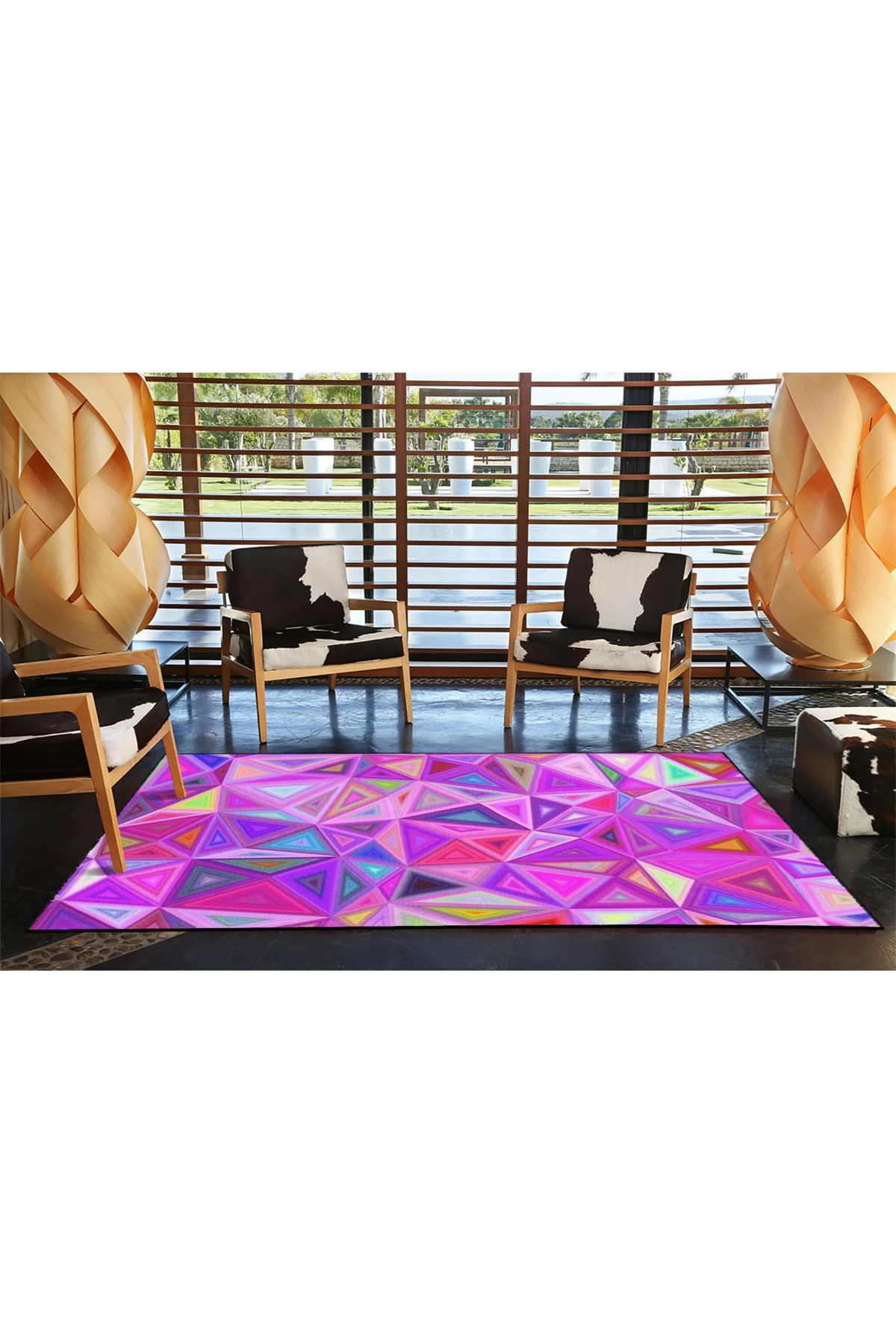 Mor Pembe Temalı Kristal Geometrik Desenli Modern Dekoratif Halı 3843