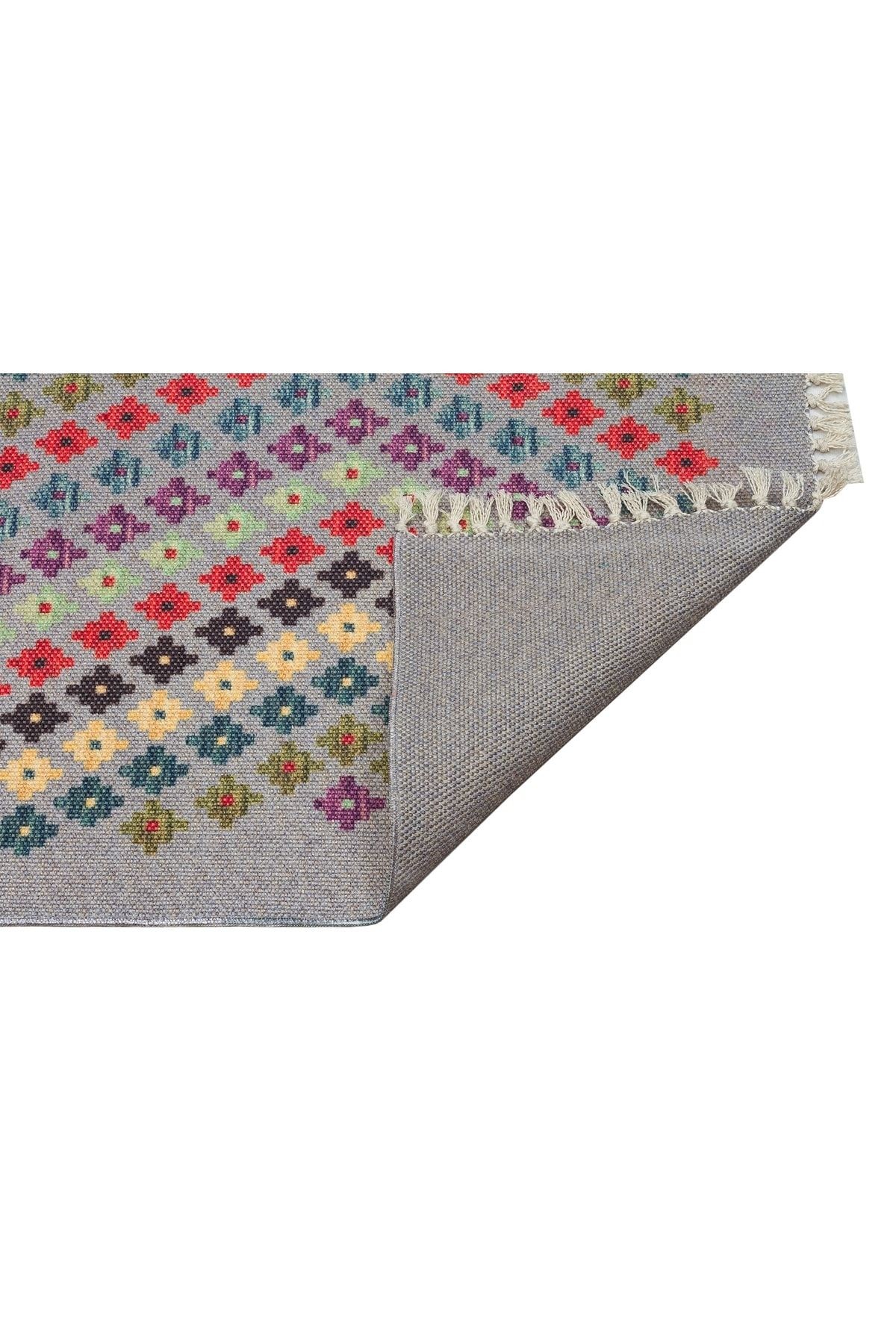 Cotton 518 Gri Renkli Desenli Saçaklı Kilim