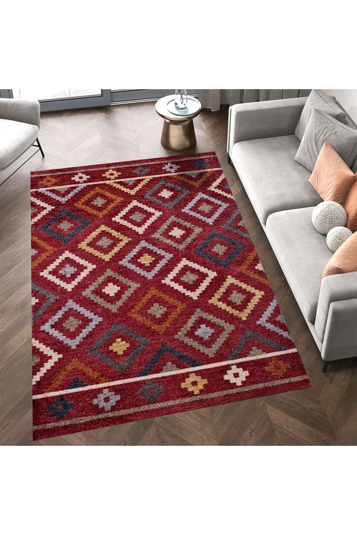 Kuzey Koleksiyonu Koyu Tonlarda Etnik Desenli Dokuma Taban Dekoratif Halı kuzey16