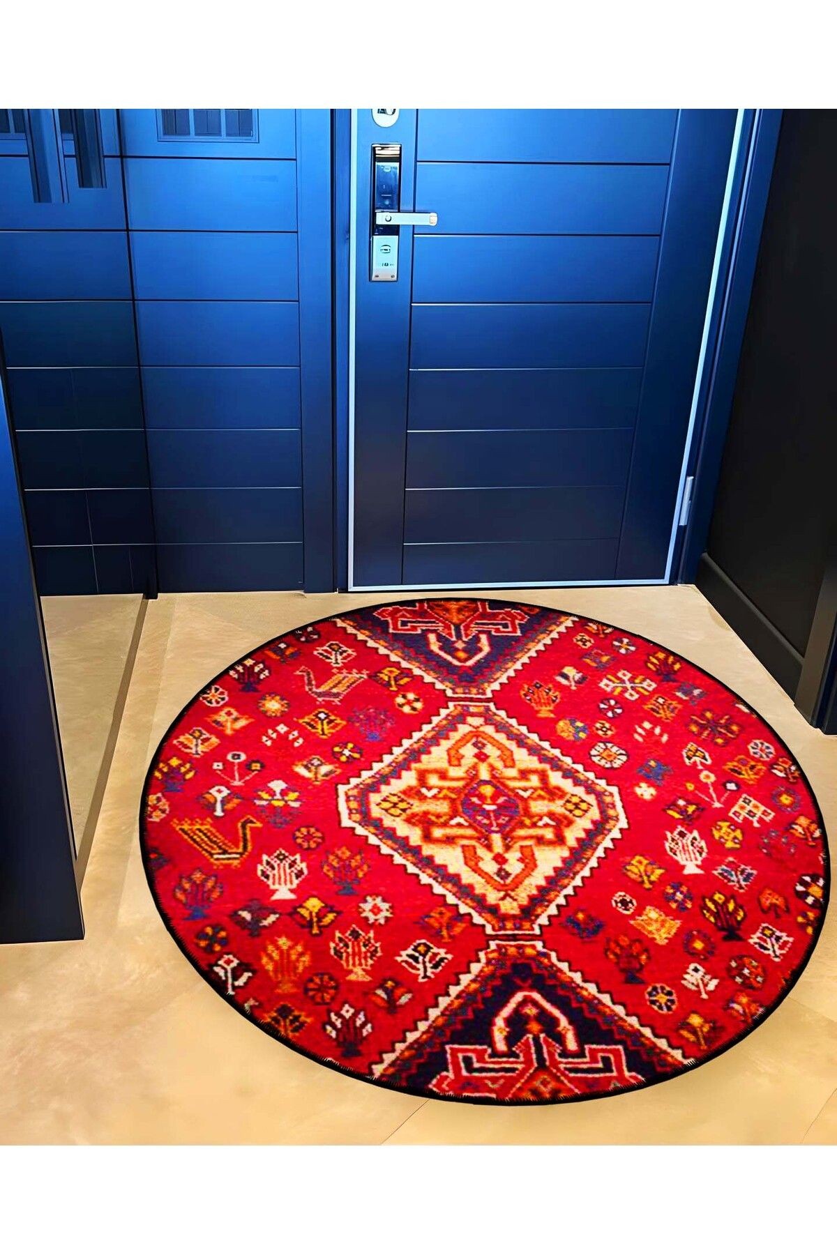 Kırmızı Temalı Etnik Motif Geleneksel Desenli Yuvarlak Dokuma Taban Vintage Dekoratif Halı 6228