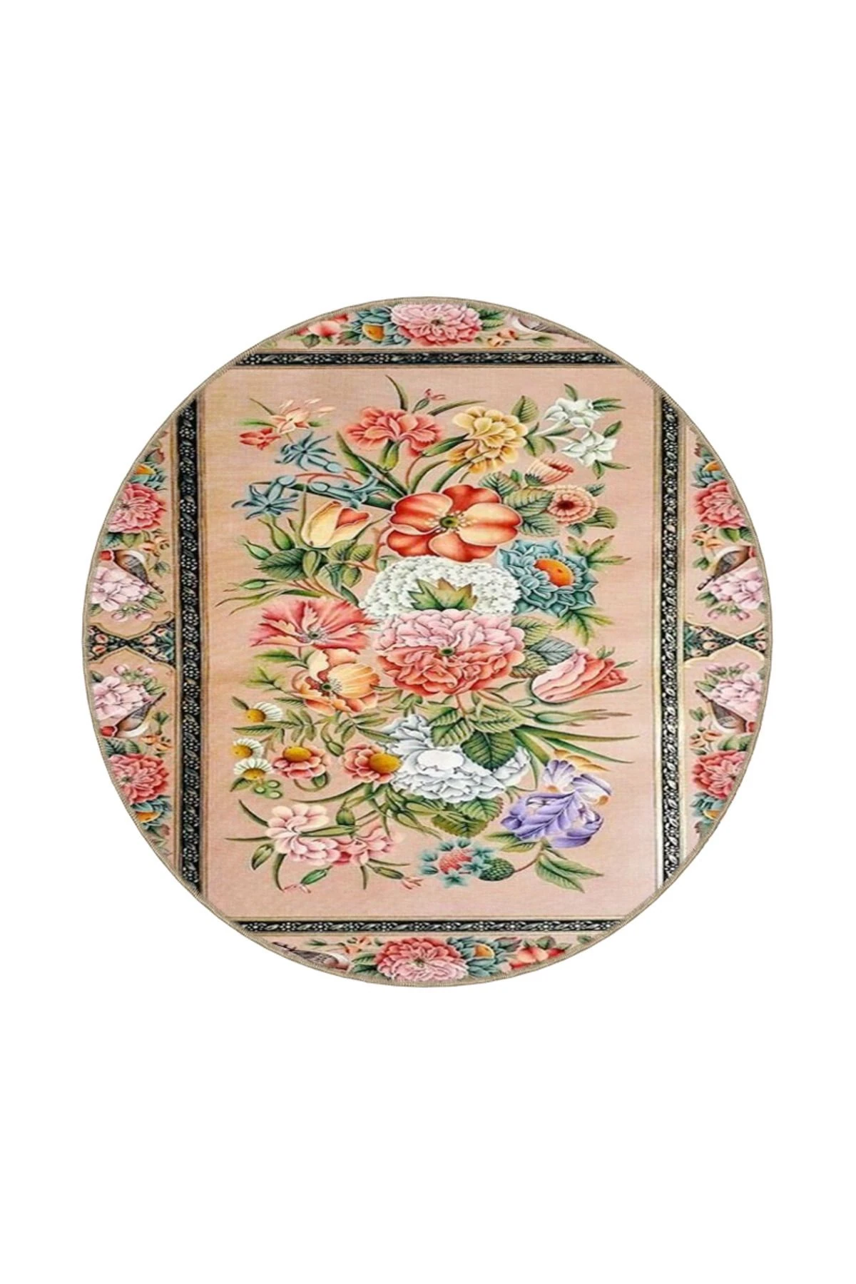 Krem Tonlarında Karışık Renkli Çiçekli Floral Geometrik Modern Dekoratif Halı miravip249