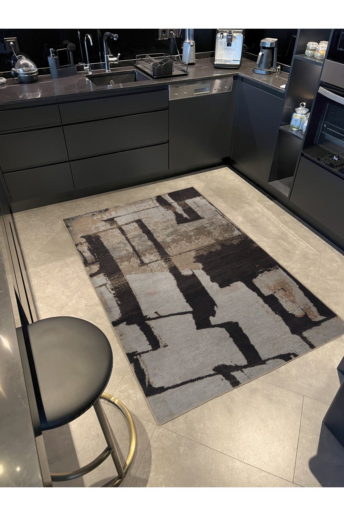 Siyah Bej Temalı Abstract Soyut Desenli Kreatif Modern Dekoratif Halı 3006