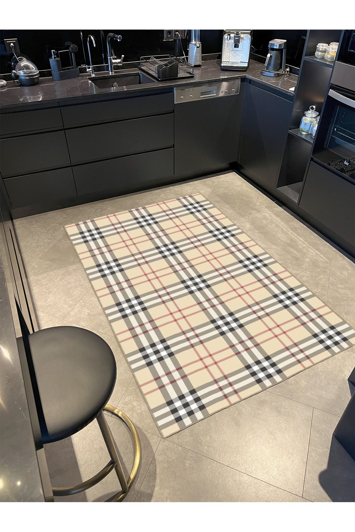 Krem Şerit Çizgili Motifli Geometrik Dokuma Taban ve Dekoratif Yıkanabilir Halı miravip8510