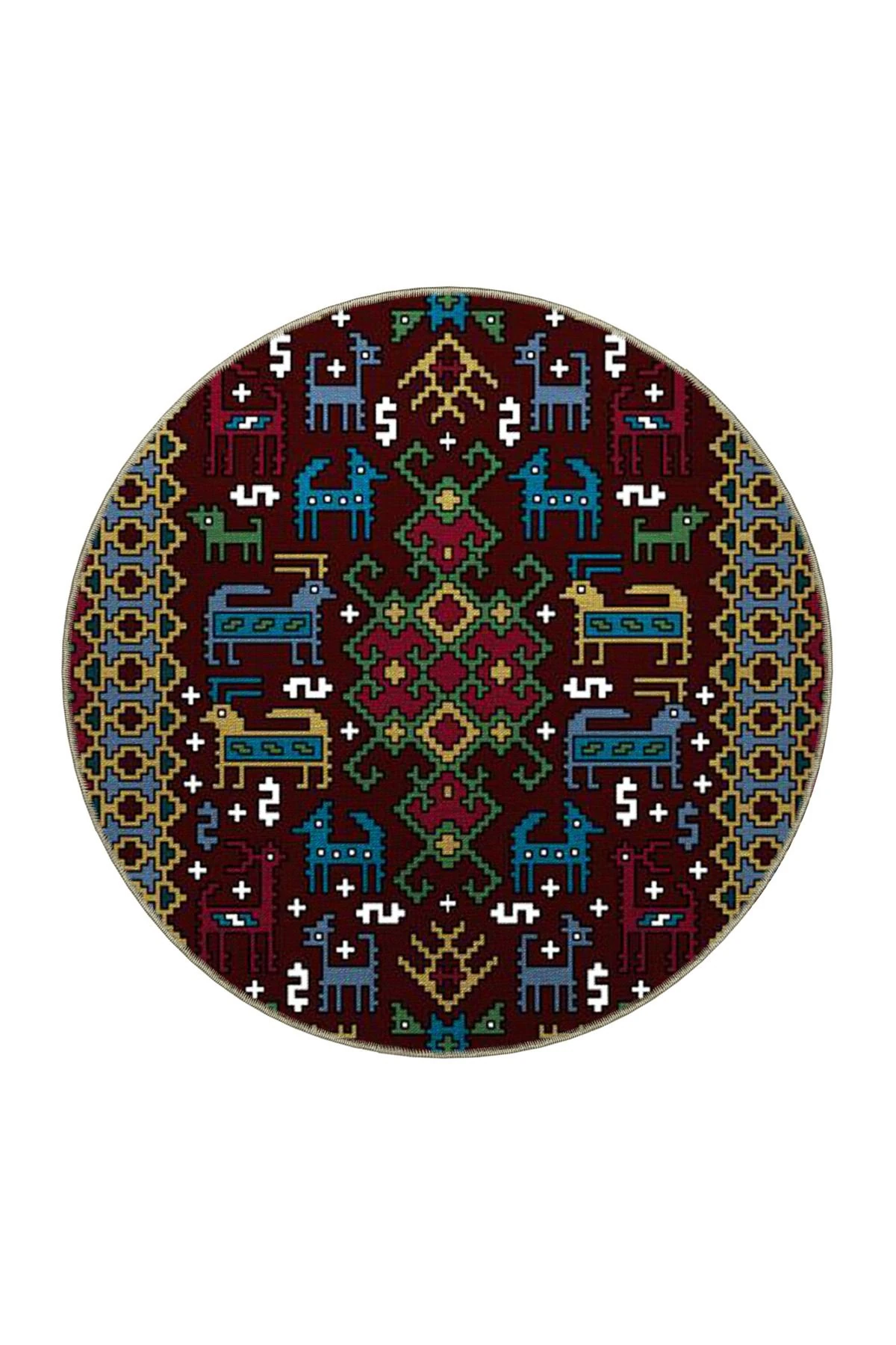 Kahverengi Temalı Motifli Etnik Figür Desenli Vintage Dekoratif Halı 4644