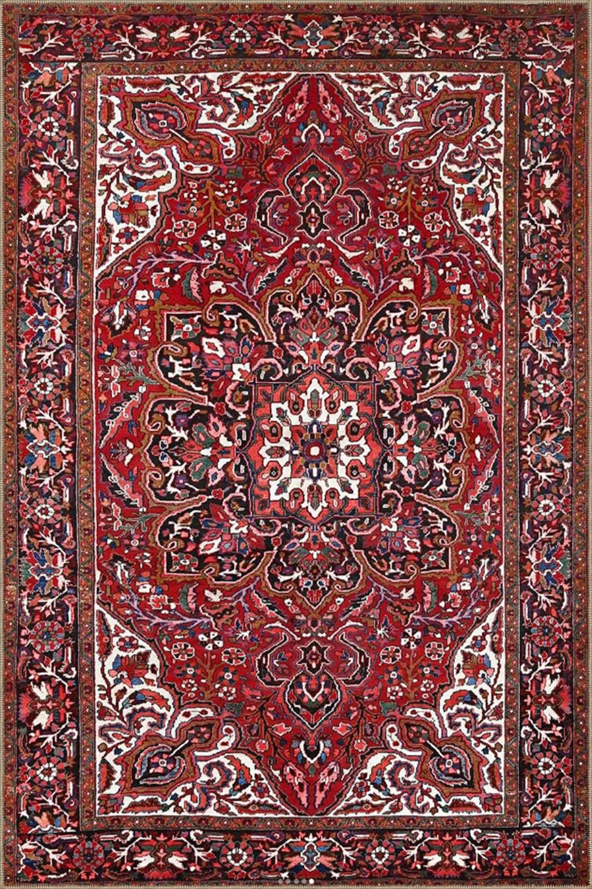 Kırmızı ve Beyaz Renklerde Floral Geleneksel Dekoratif Dokuma Taban Halı miravip18