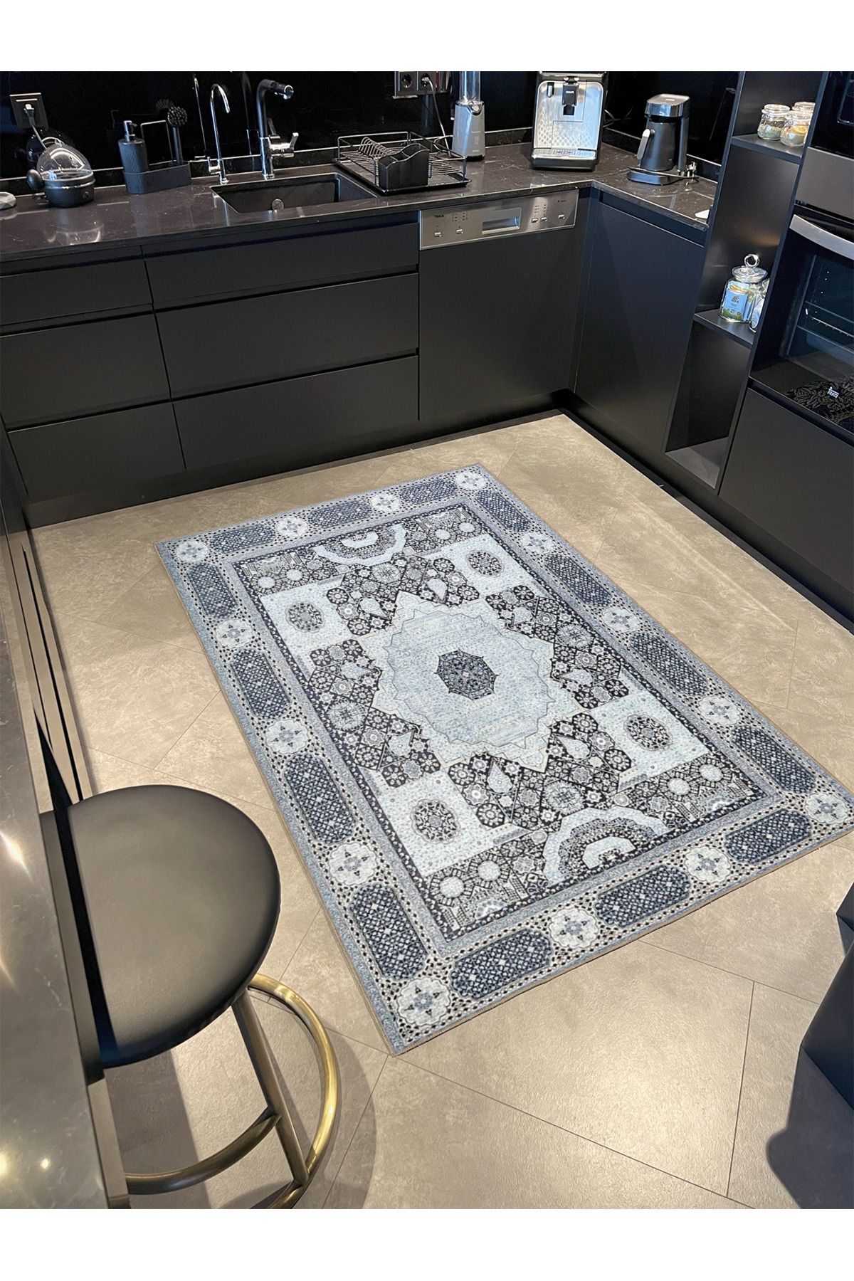 Modern Gri Renklerinde Geleneksel Dokuma Taban Halı miravip498