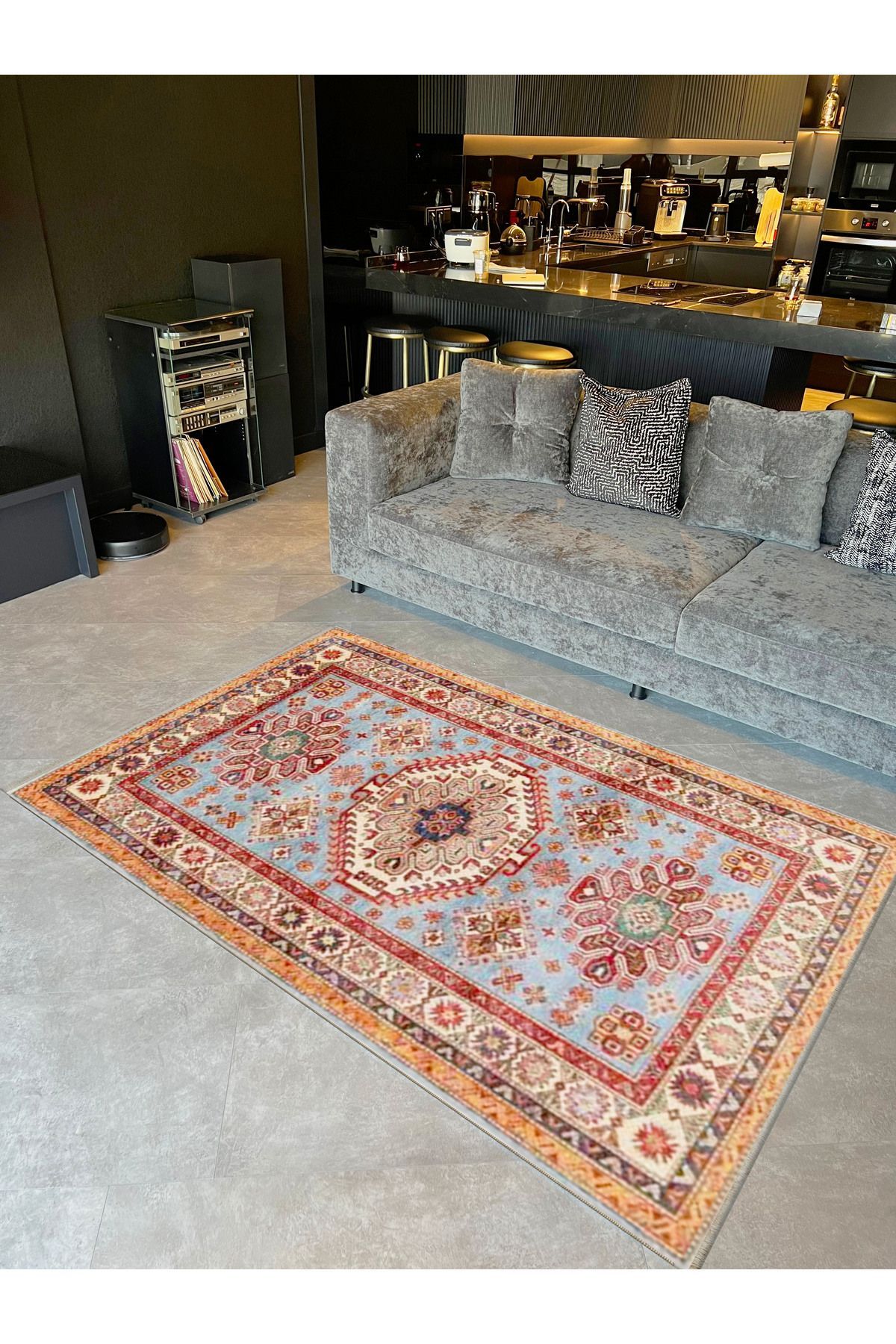 İnci Koleksiyonu Açık Mavi Bej Tema Geleneksel Desenli Dokuma Taban Vintage Dekoratif Halı inci12