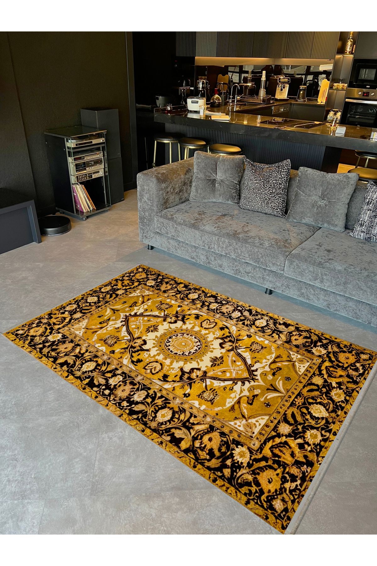 Tokyo Koleksiyonu Sarı Siyah Tonlar Floral Geleneksel Desenli Dokuma Taban Vintage Dekoratif Halı 18
