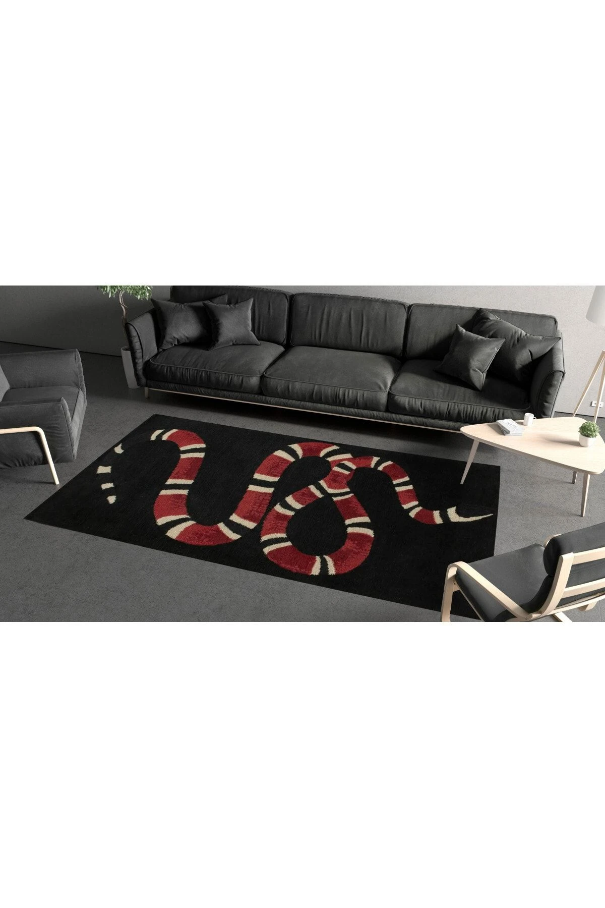 Siyah Bordo Yılan Temalı Dekoratif Dokuma Taban Halı Mira 1272