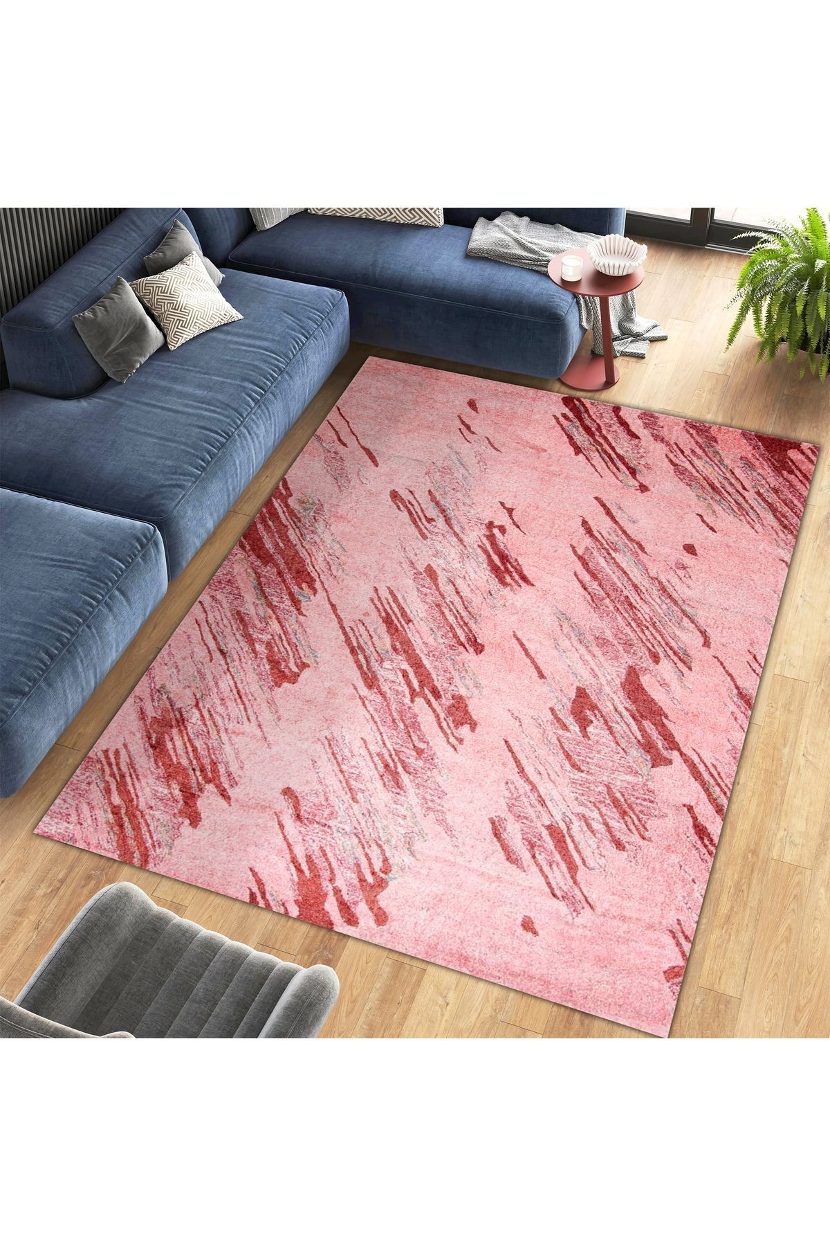 Aysu Koleksiyonu Pembe Kırmızı Soyut  Desenli Dokuma Taban Modern Dekoratif Halı aysu36