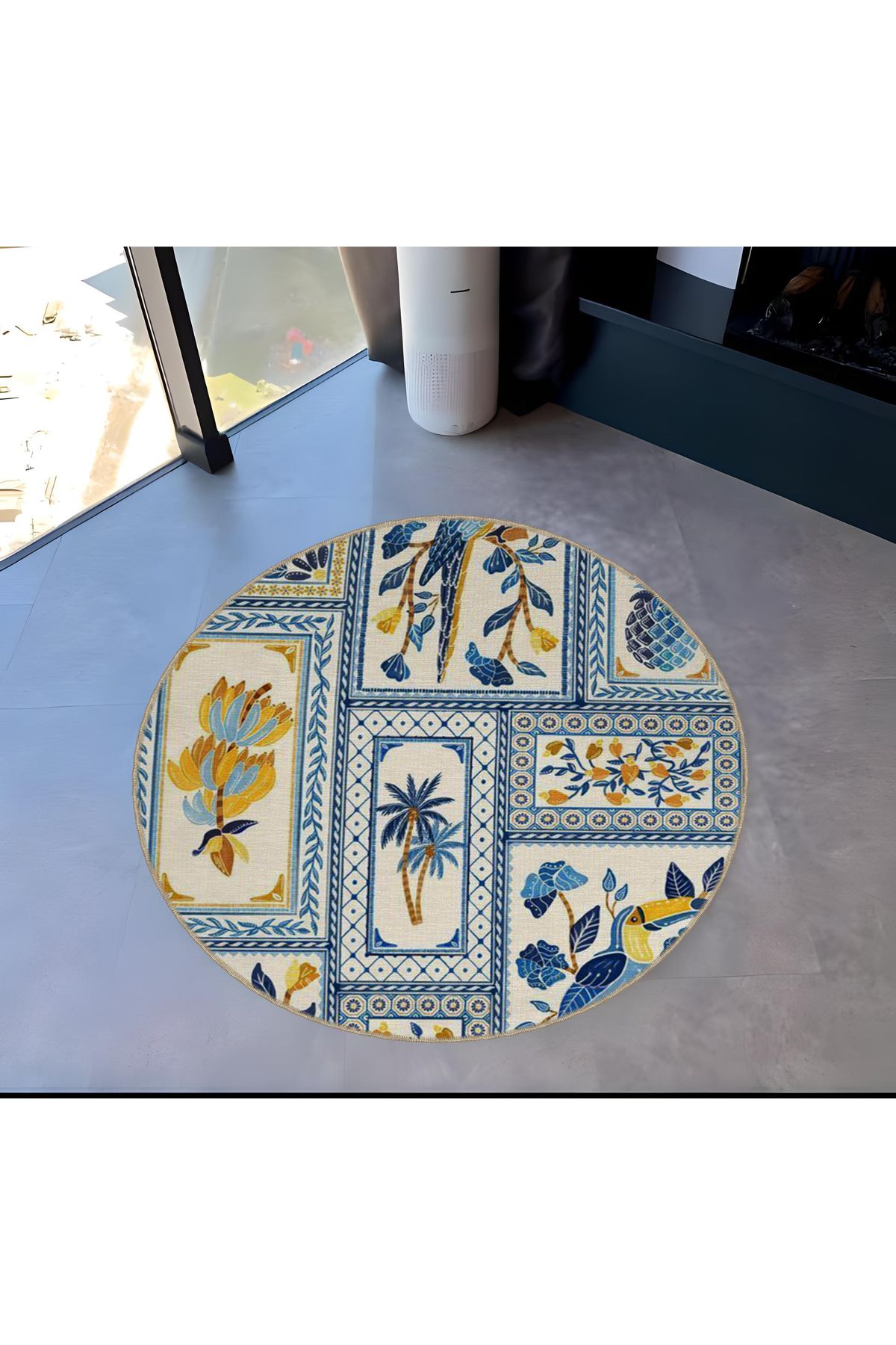 Antik Tasarım Serisi Yuvarlak Mavi Beyaz Detaylı Dokuma Taban Halı antik115