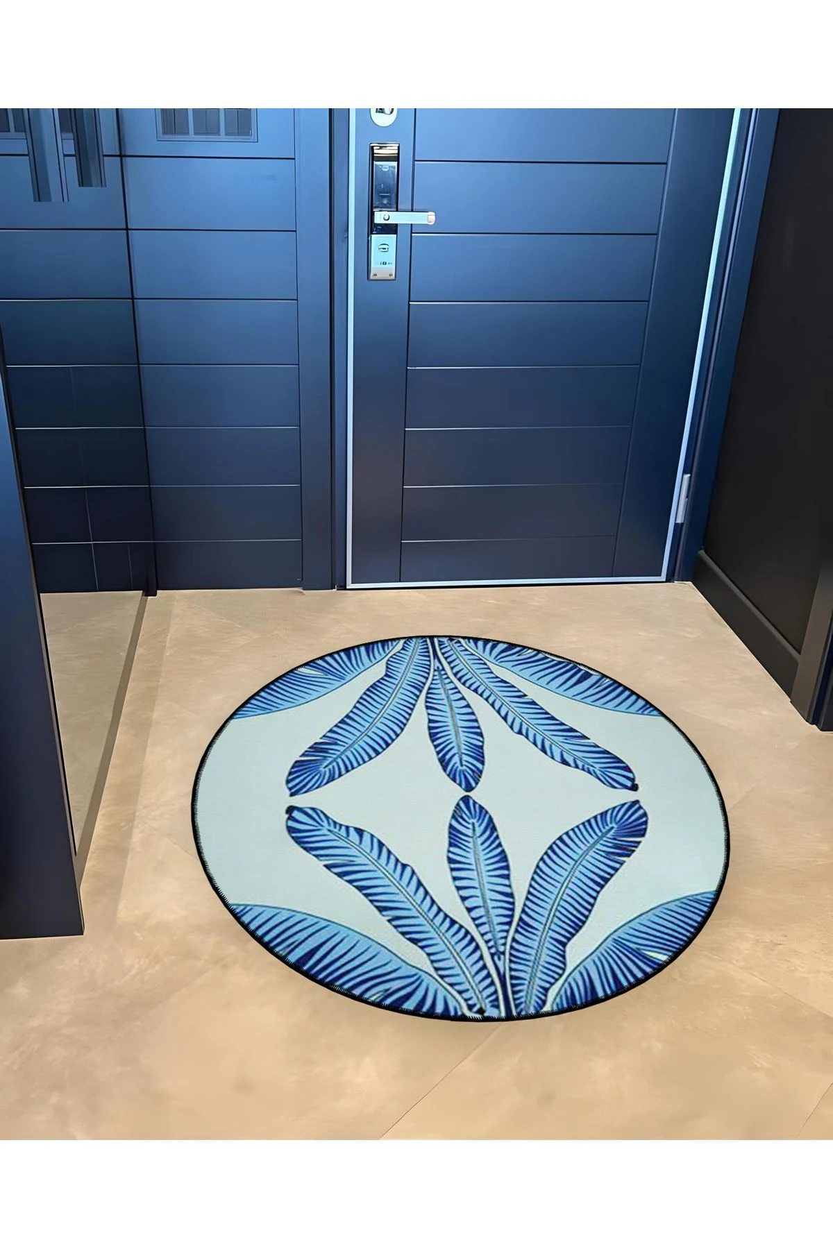 Mavi Temalı Tropikal Yapraklar Desenli Yuvarlak Dokuma Taban Modern Dekoratif Halı 6115