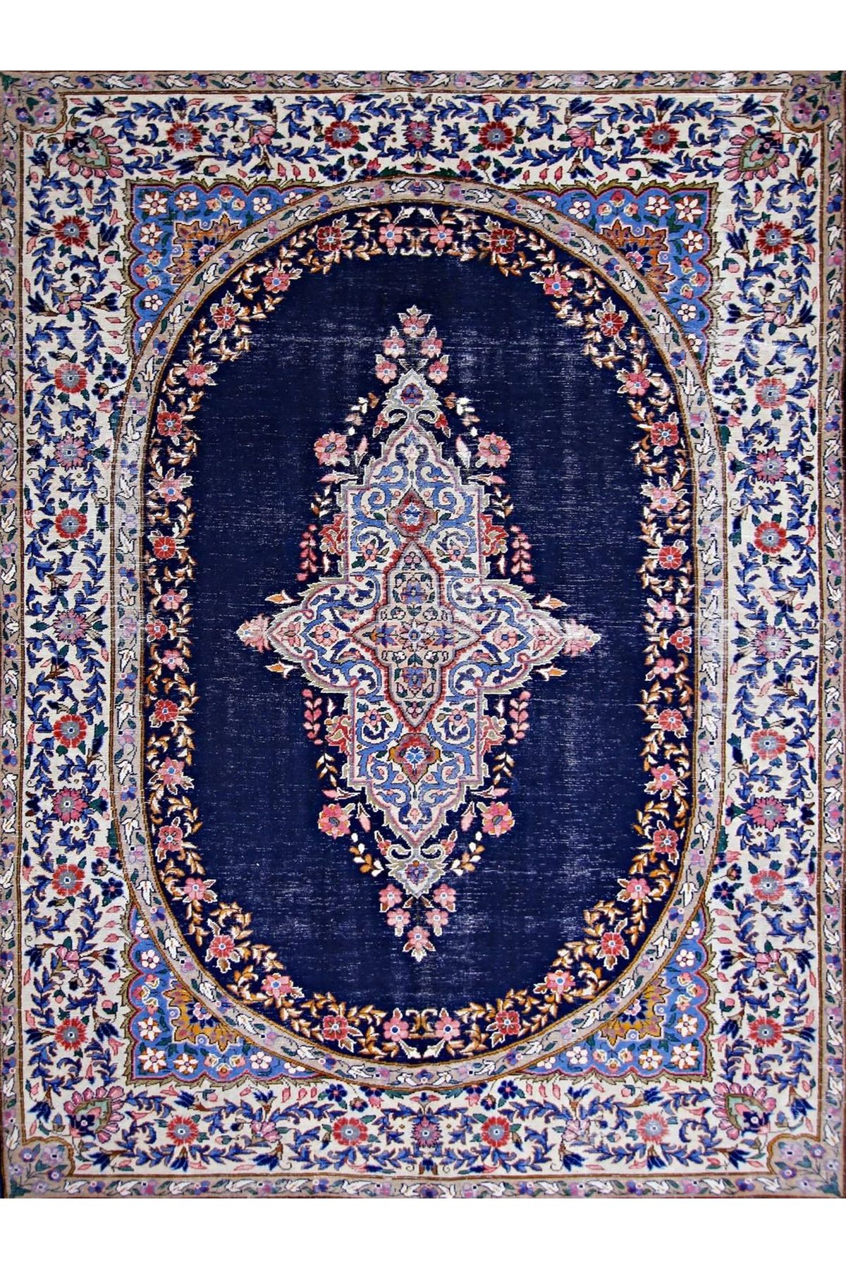 Mete Koleksiyonu Lacivert Temalı Geleneksel Motifli Bohem Tarz Desenli Vintage Dekoratif Halı 13