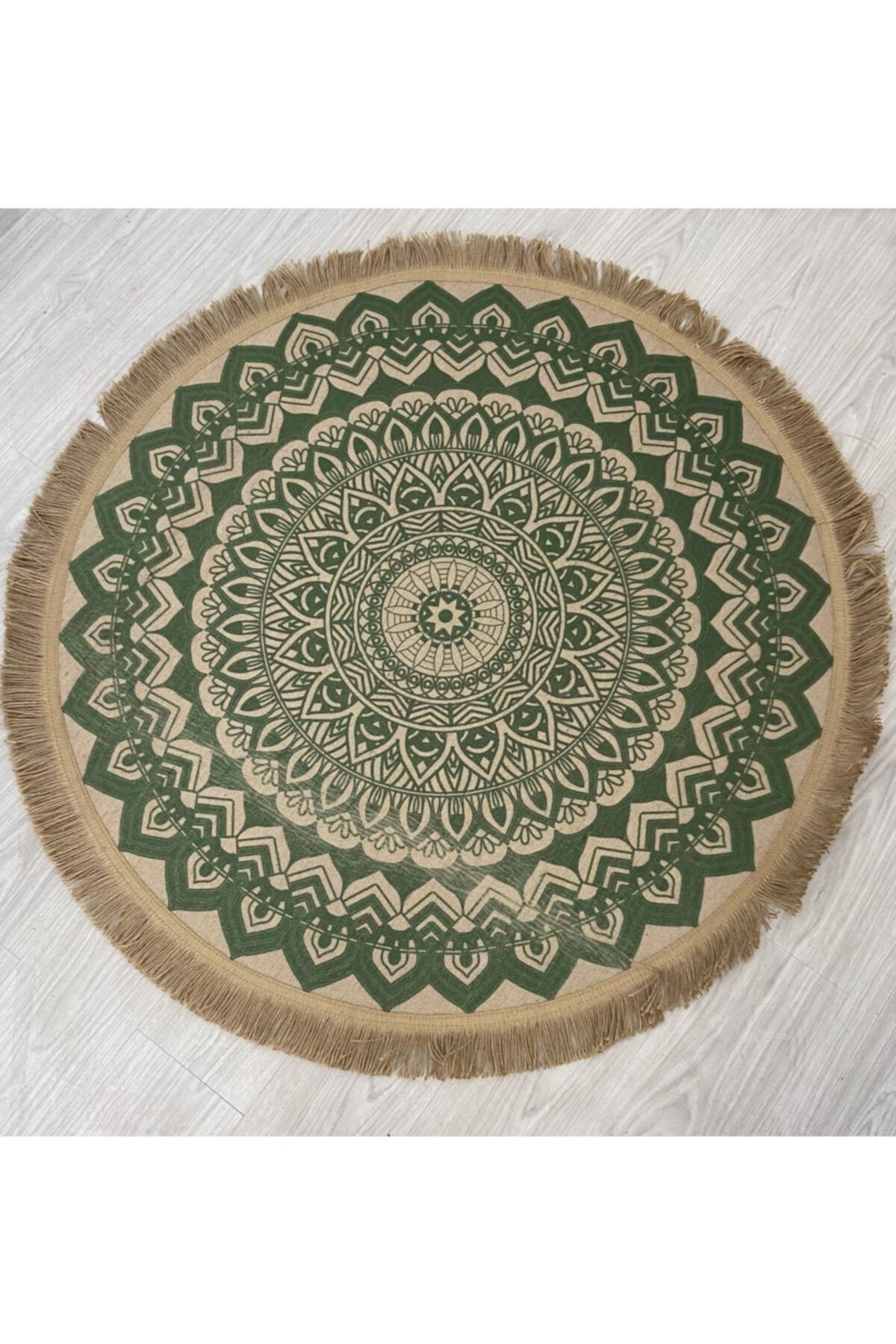 Jüt Marakesh Kilim 5007 Yeşil Renk Baskılı Yuvarlak Püsküllü Jüt Kilim