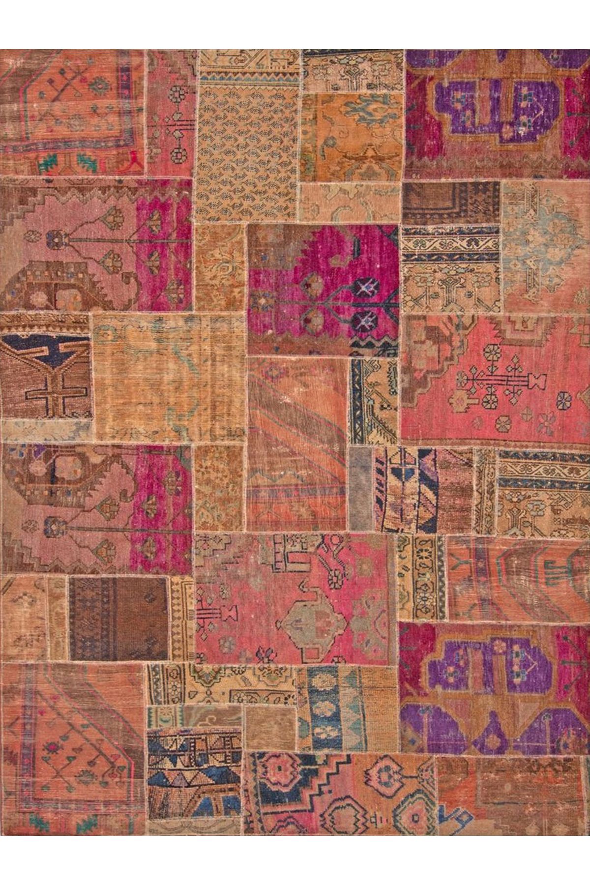 Cansu Koleksiyonu Patchwork Görünümlü Pembe Turuncu Tonlarda Dokuma Taban Dekoratif Halı cansu06
