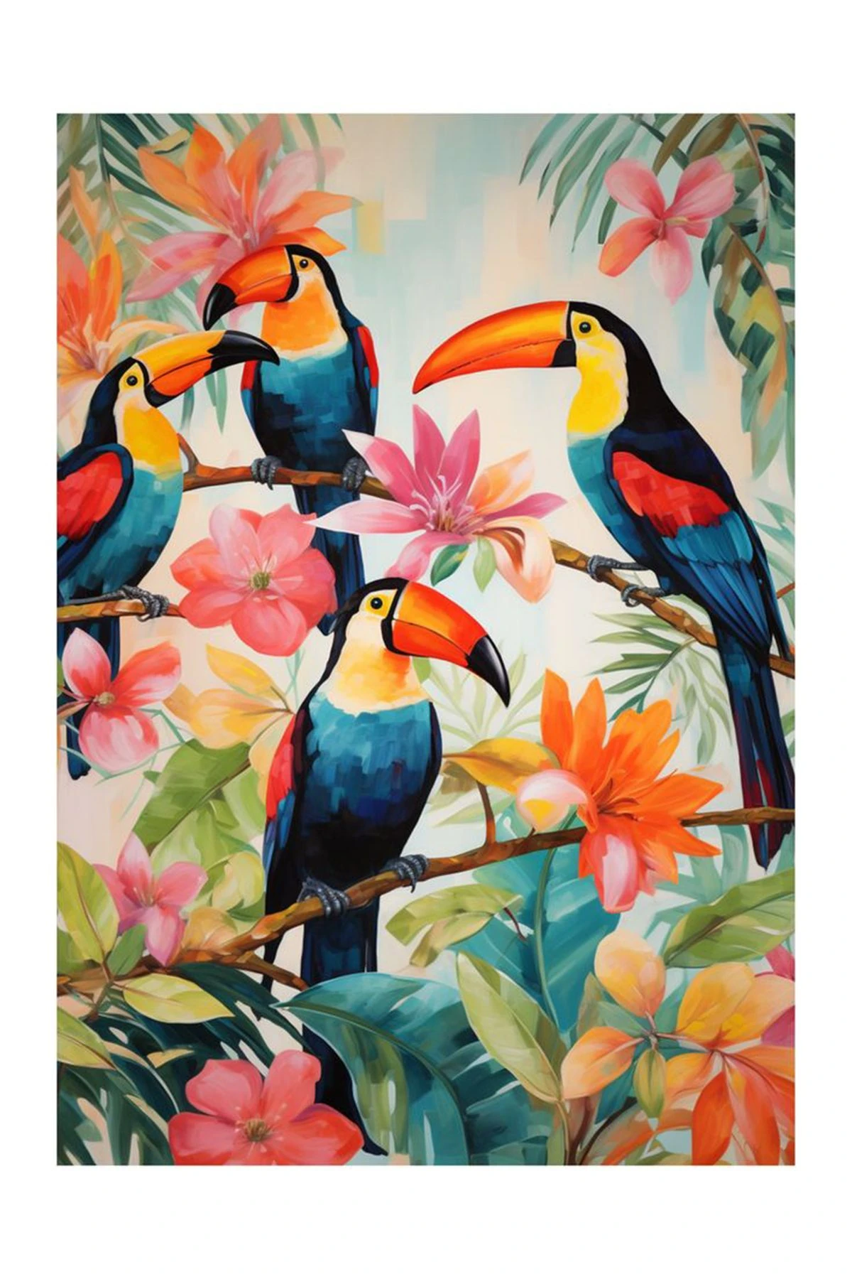 Özge Koleksiyonu Tropikal Çiçekler ve Papağanlar Desenli Dokuma Taban Modern Dekoratif Halı özge42