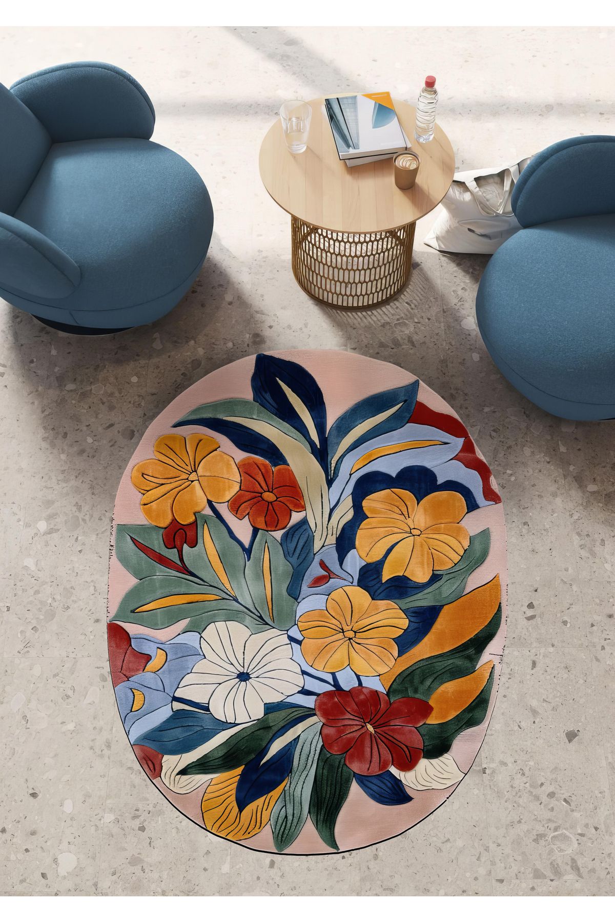 Paris Koleksiyonu Çok Renkli Yaprak ve Çiçekler Desenli Dokuma Taban Modern Dekoratif Halı paris07