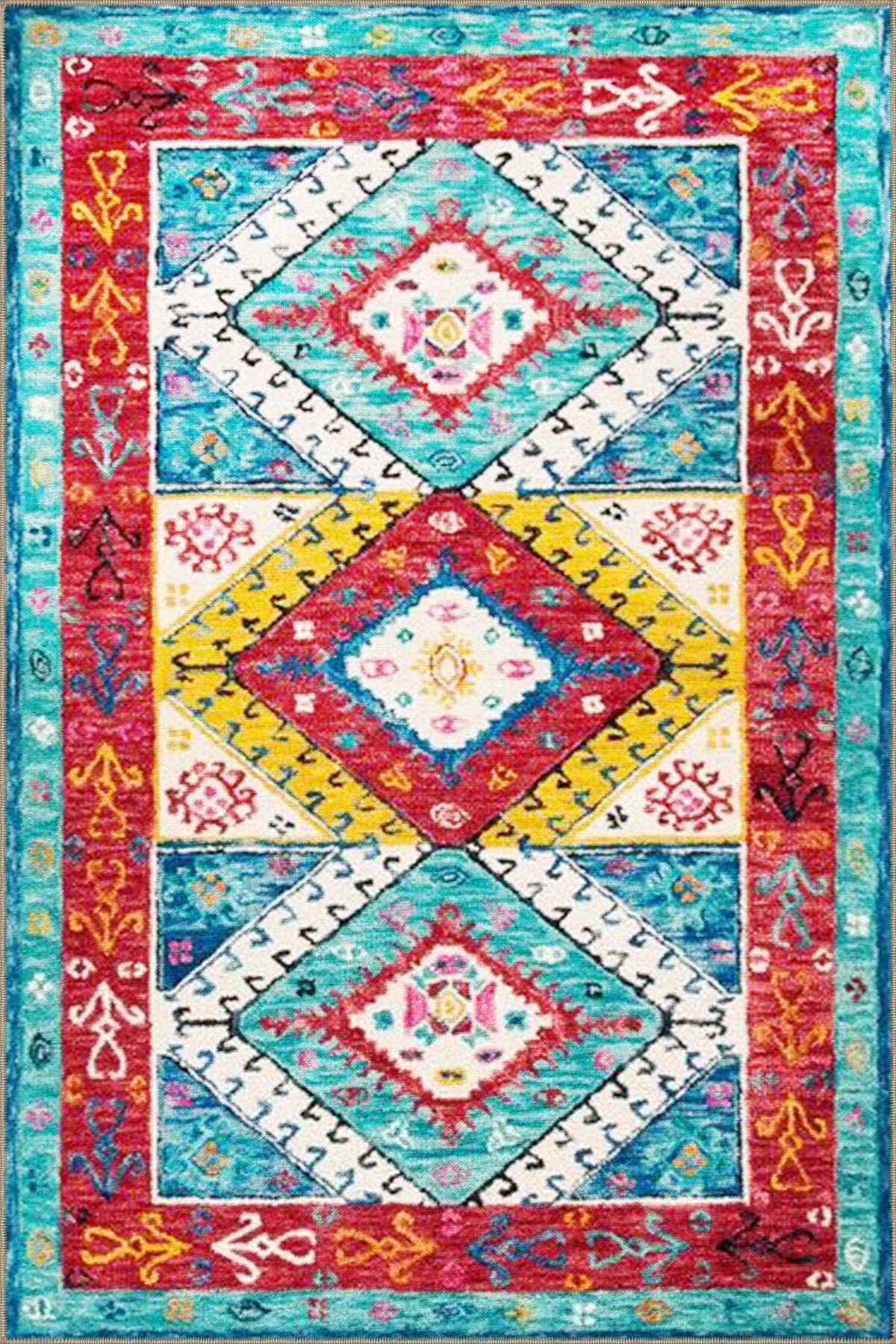 Sarı Mavi Kırmızı Geometrik Desenli Dokuma Taban Halı 4259