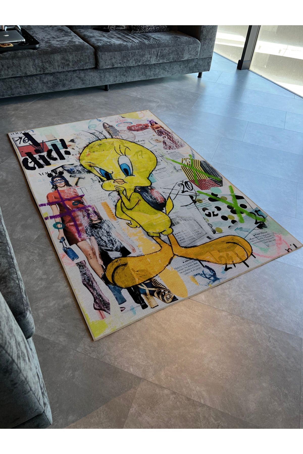 Çok Renkli Çizgi Film Tweety Desenli Kreatif Modern Dekoratif Halı 2170