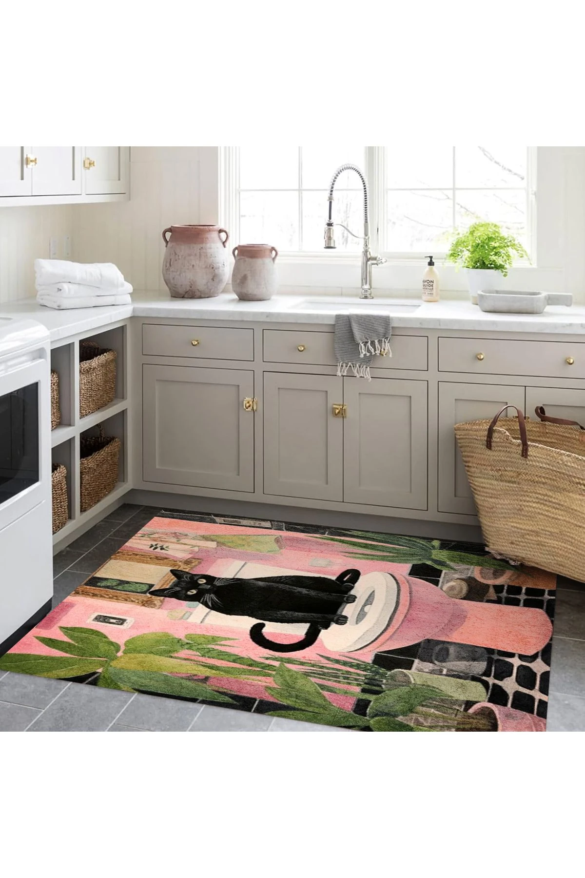 Kuzey Koleksiyonu Pembe Banyoda Siyah Kedi Desenli Dokuma Taban Dekoratif Halı Kuzey29
