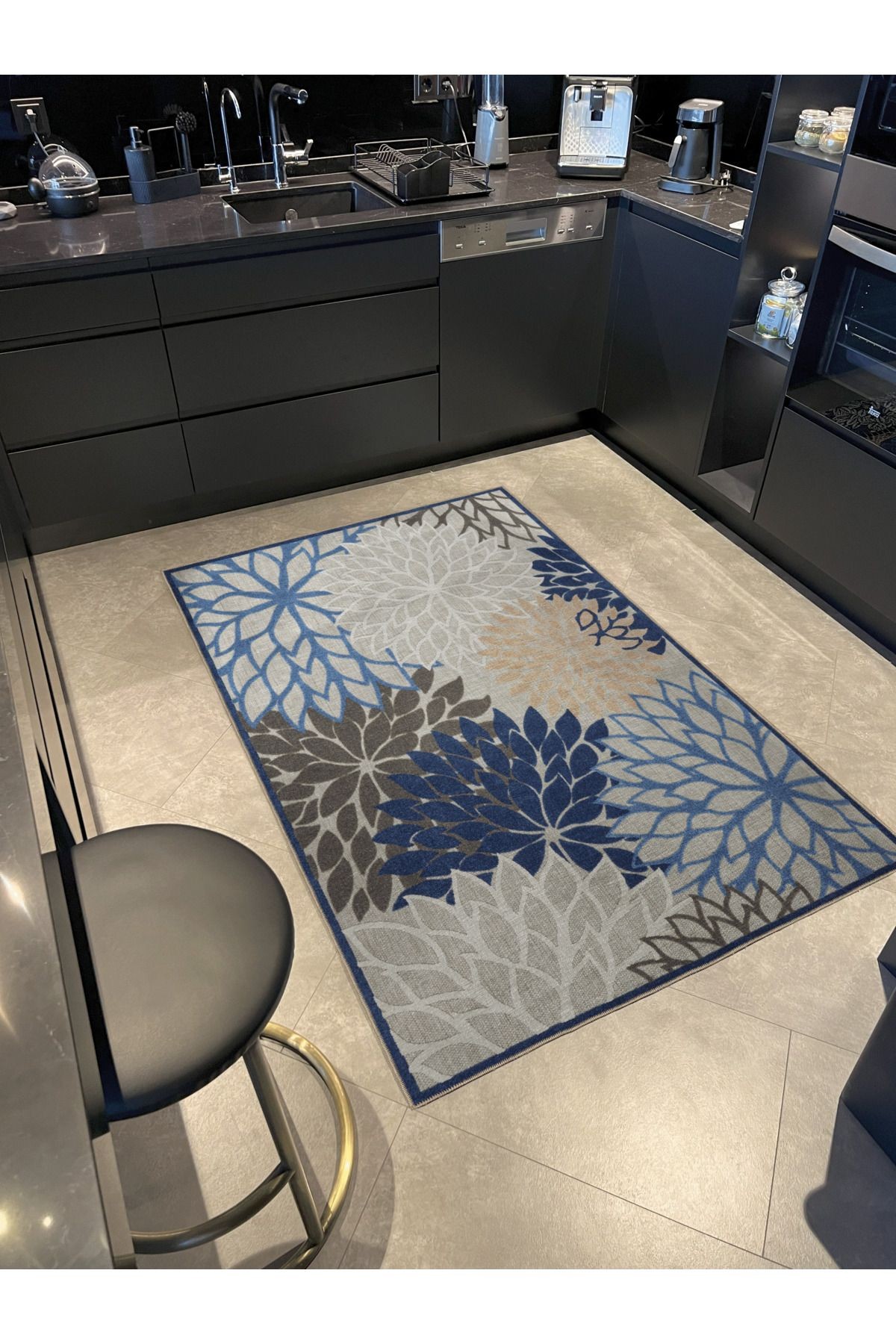 Mavi Temalı Çok Renkli Çiçek Desenli Kreatif Modern Dekoratif Halı 2836