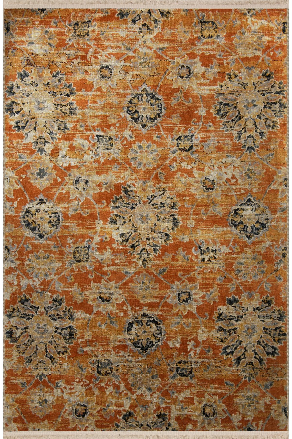 Turuncu Temalı Motifli Etnik Çiçek Desenli Kreatif Vintage Dekoratif Halı 2834