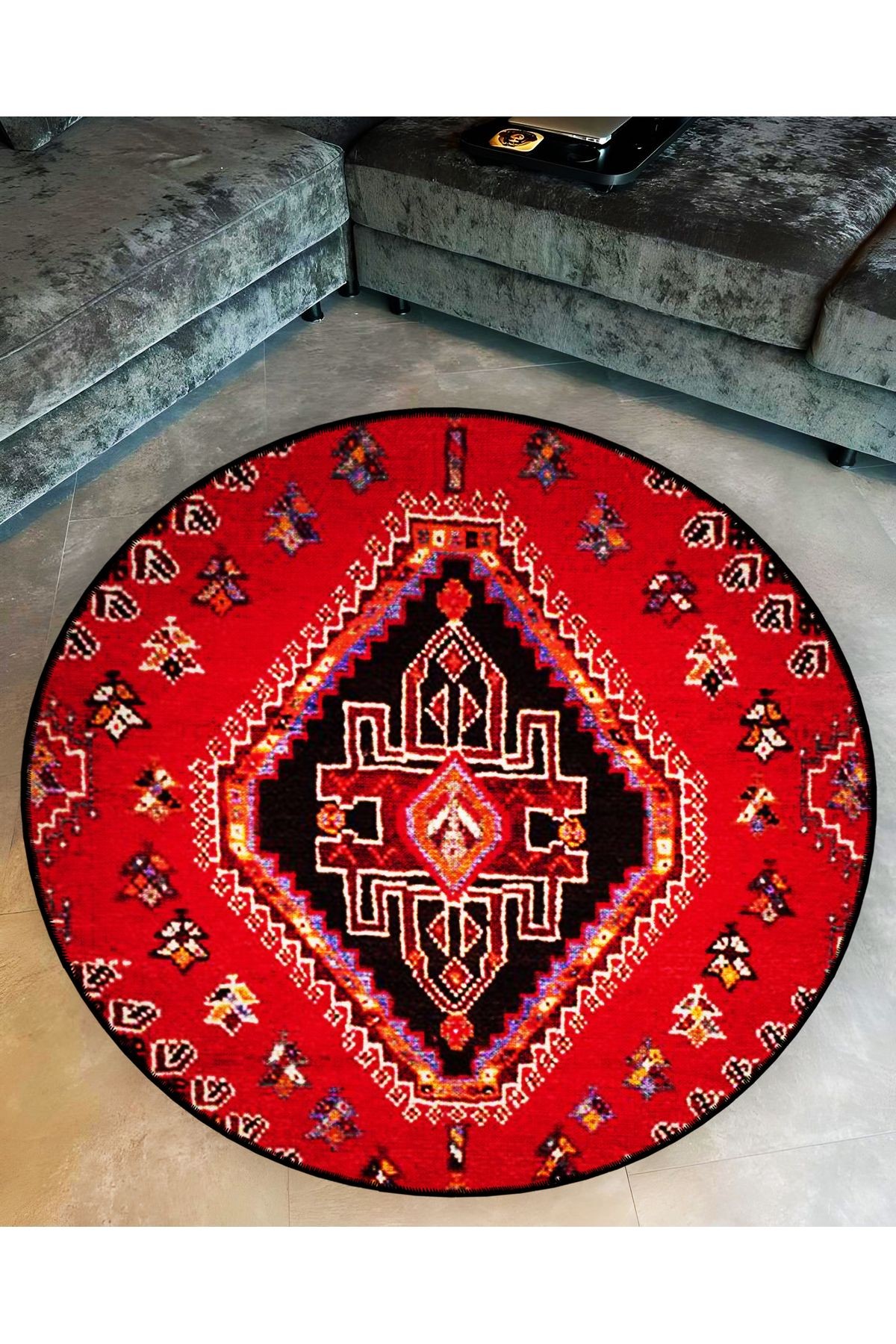Kırmızı Temalı Etnik Motif Desenli Yuvarlak Dokuma Taban Vintage Dekoratif Halı 6226