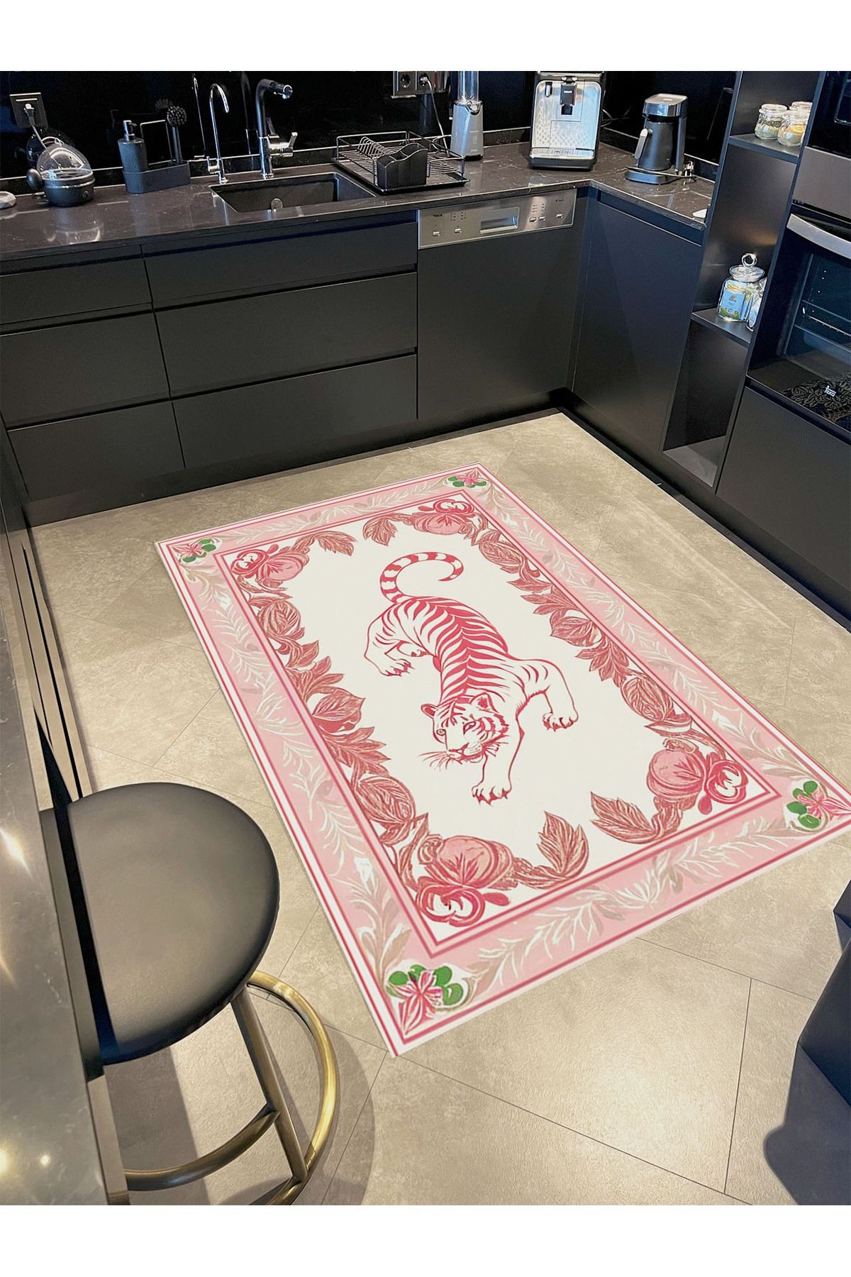 Rio Koleksiyonu Pembe Çerçeve ve Kaplan Desenli Dokuma Taban Modern Dekoratif Halı rio19