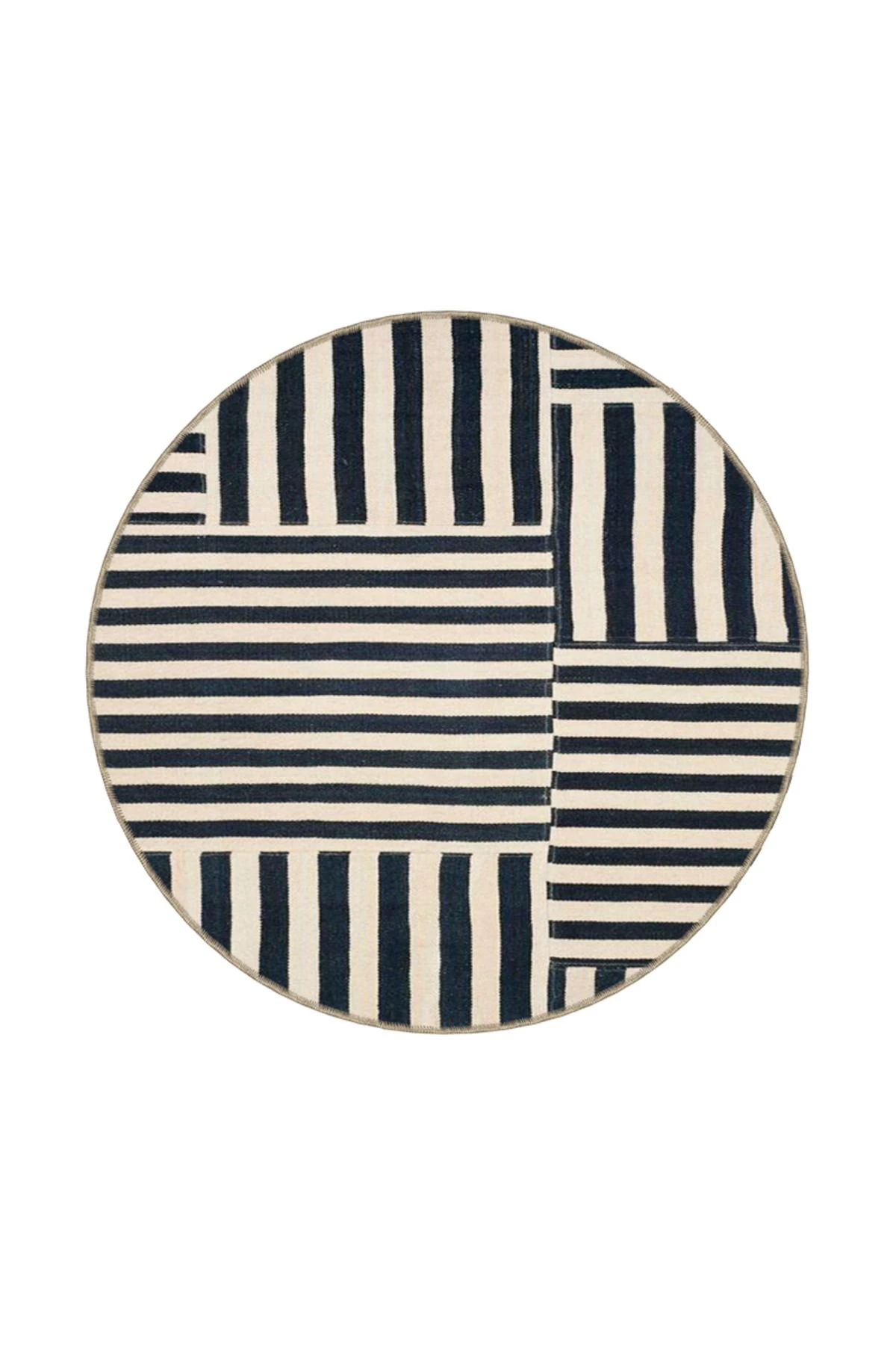 Siyah Krem Lineer Çizgili Dekoratif Yıkanabilir Halı miravip9023