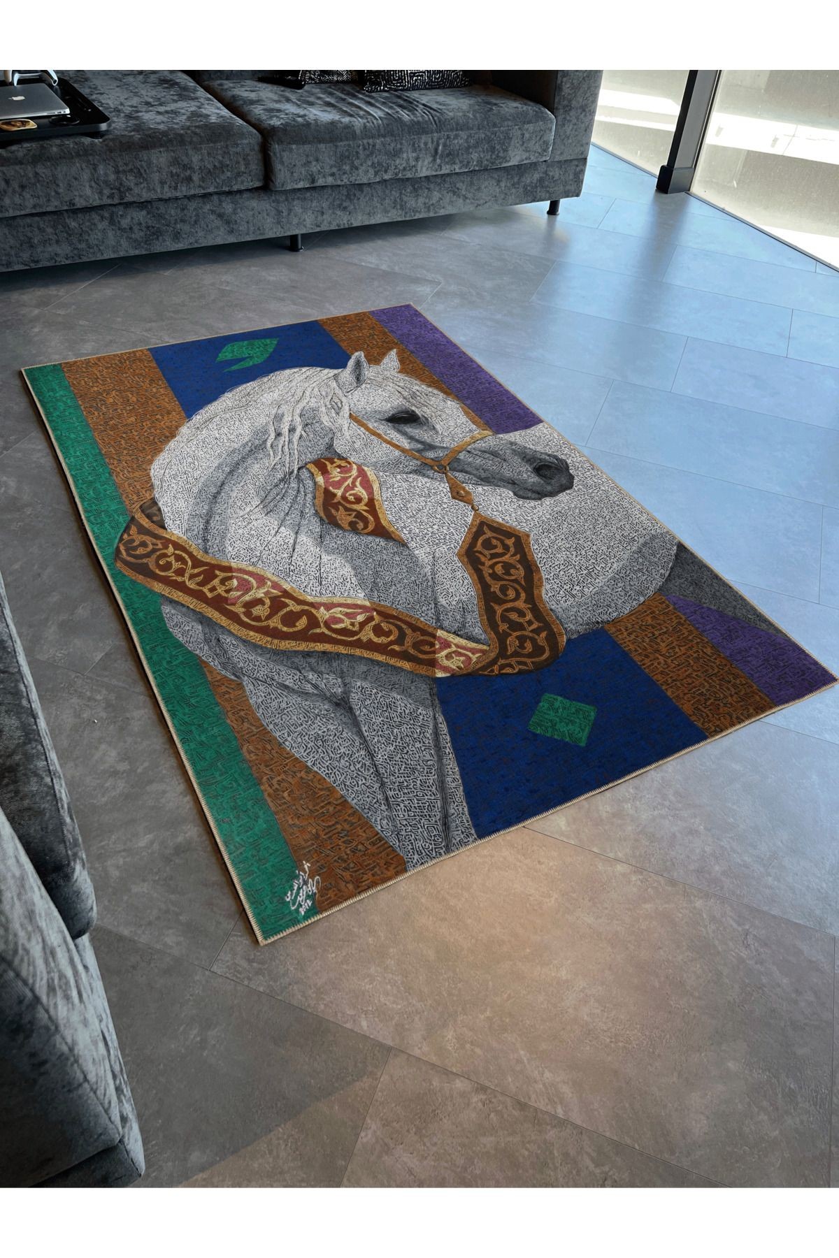 Çok Renkli Tema Asil At Desenli Kreatif Modern Dekoratif Halı 2530