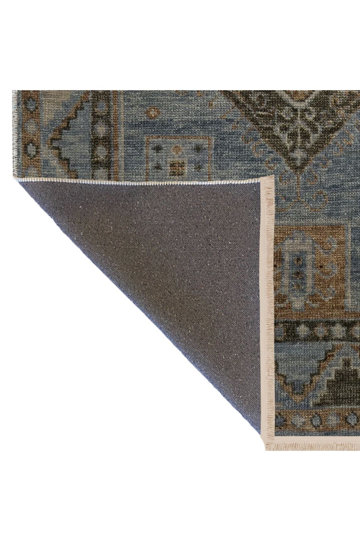 Mavi Turuncu Temalı Geleneksel Motif Etnik Desenli Saçaklı Vintage Dekoratif Halı 3153