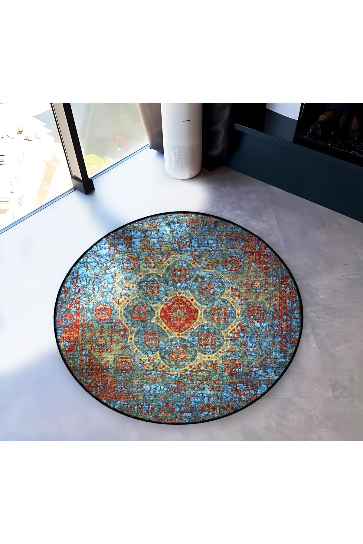 Çok Renkli Geleneksel Motif Desenli Yuvarlak Dokuma Taban Vintage Dekoratif Halı 6186