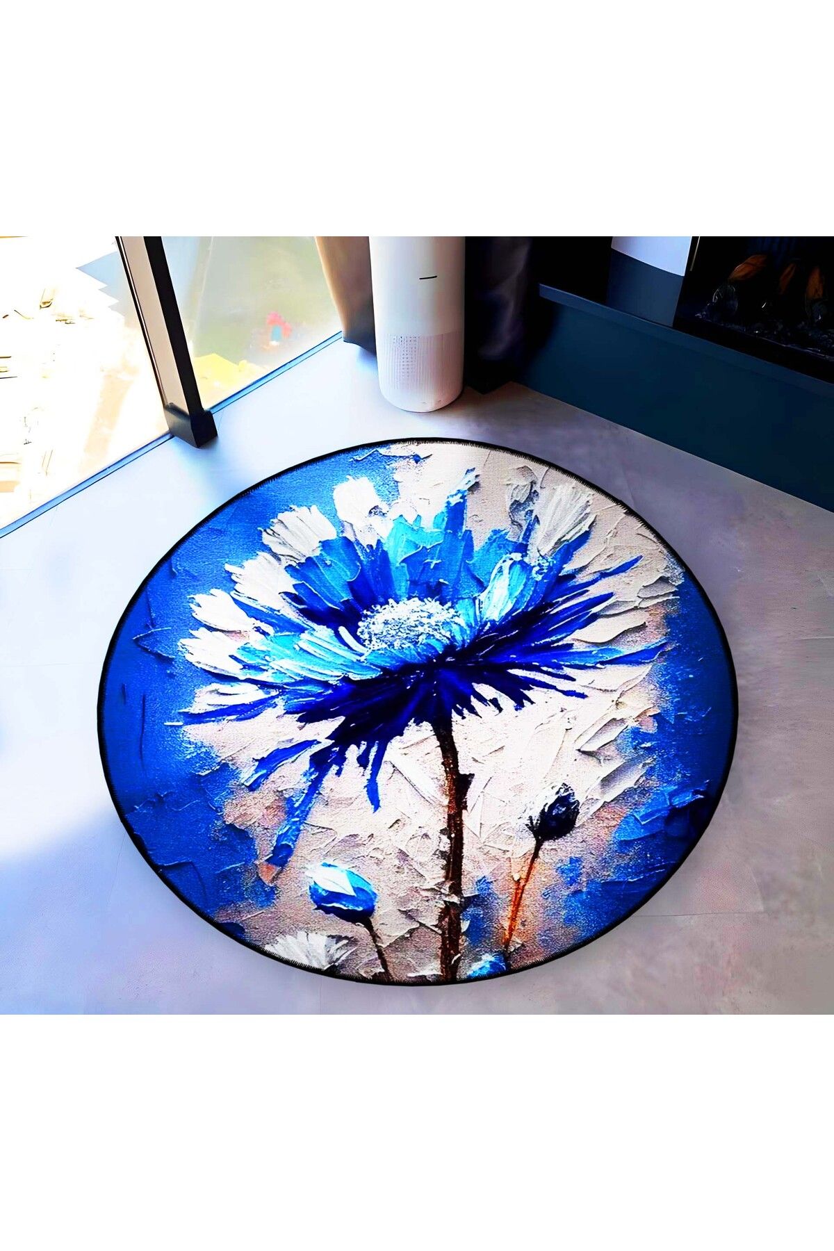 Mira Yuvarlak Mavi Beyaz Yağlı Boya Görünümlü Dokuma Taban Modern Dekoratif Halı mirayuvarlak5827