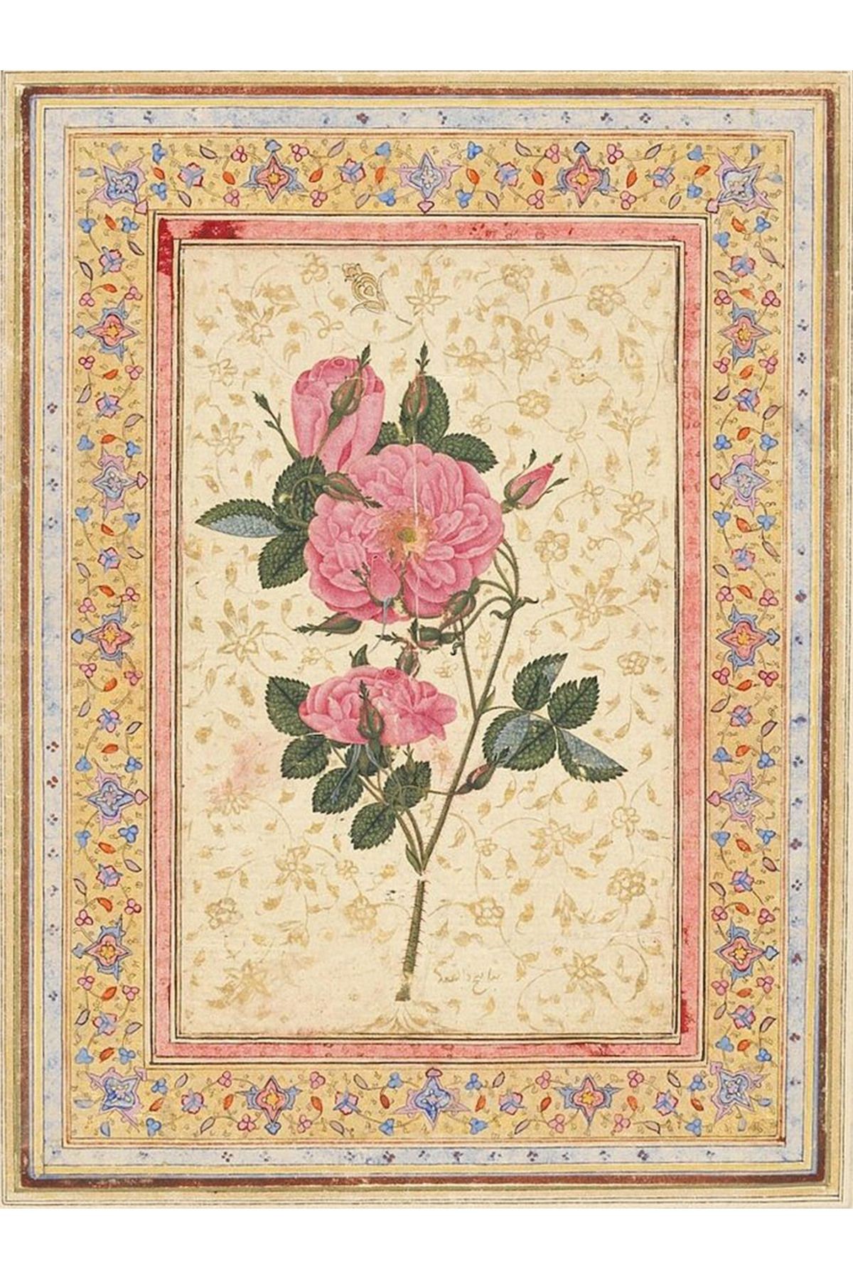 Kubilay Koleksiyonu Bej Tema Pembe Gül ve Etnik Detay Desenli Dokuma Taban Vintage Dekoratif Halı 09