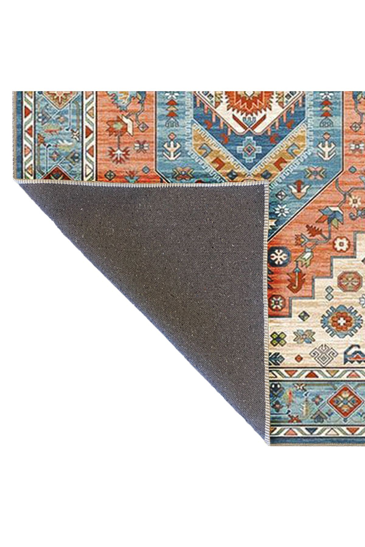 Gök Mavisi ve Turuncu Temalı Geleneksel Motif Desenli Vintage Dekoratif Halı 4895