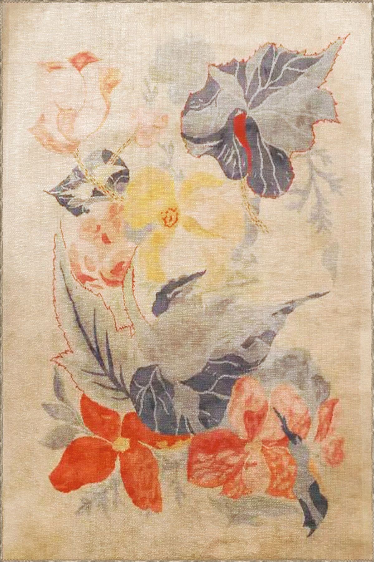Bej Temalı Soyut Çiçek Desenli Kreatif Modern Dekoratif Halı 3826