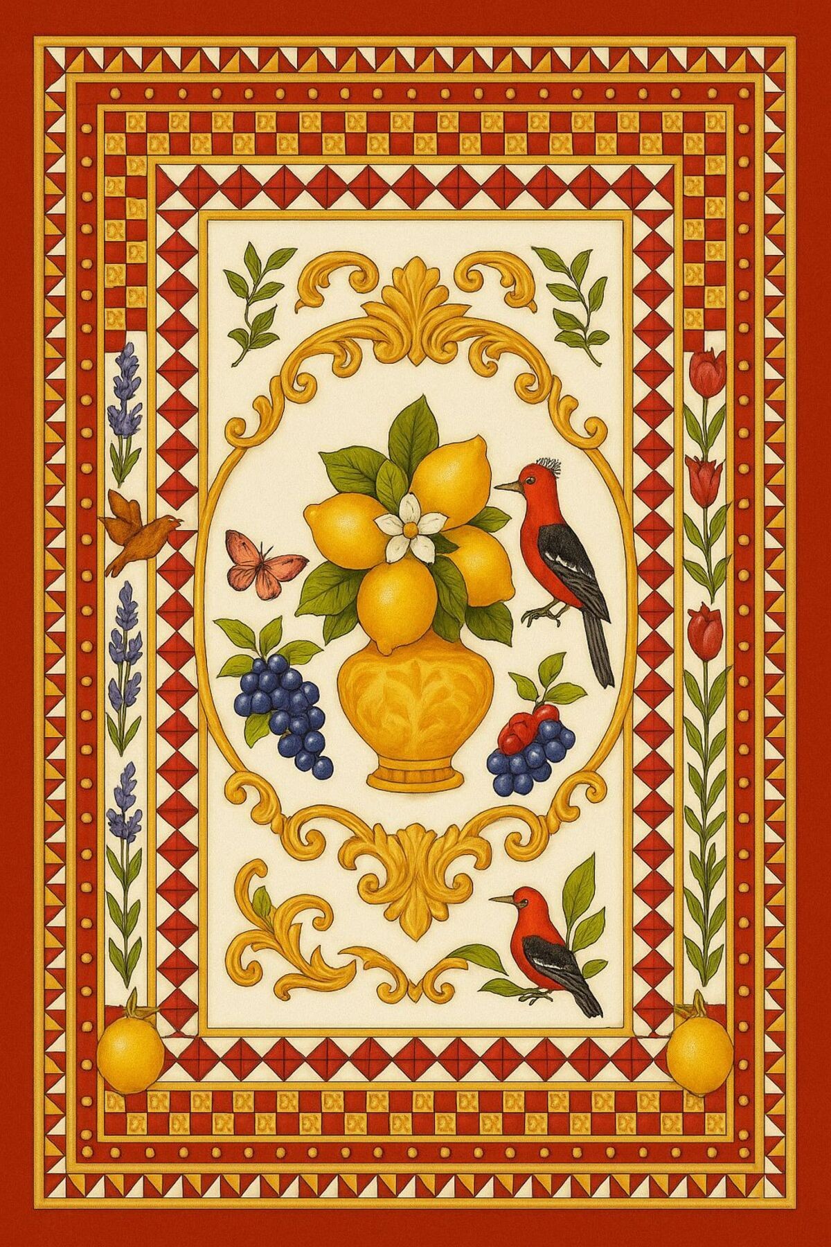 MOSSO Çok Renkli Limon Kuş ve Geometrik Detaylı Dokuma Taban Dekoratif Halı mosso124