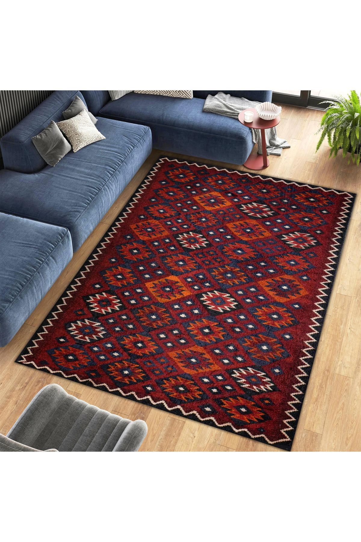 Asena Koleksiyonu Bordo Temalı Etnik Motifli ve Geleneksel Desenli Vintage Dekoratif Halı 03