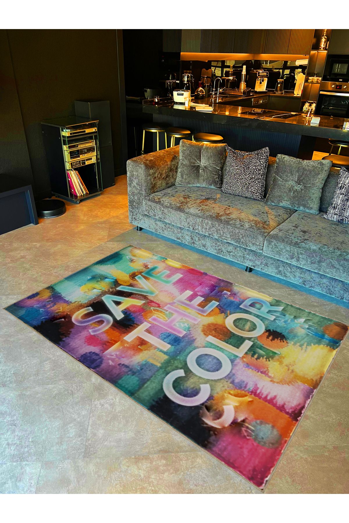 Written Koleksiyonu Çok Renkli Save The Color Yazılı Desenli Modern Dekoratif Halı 08