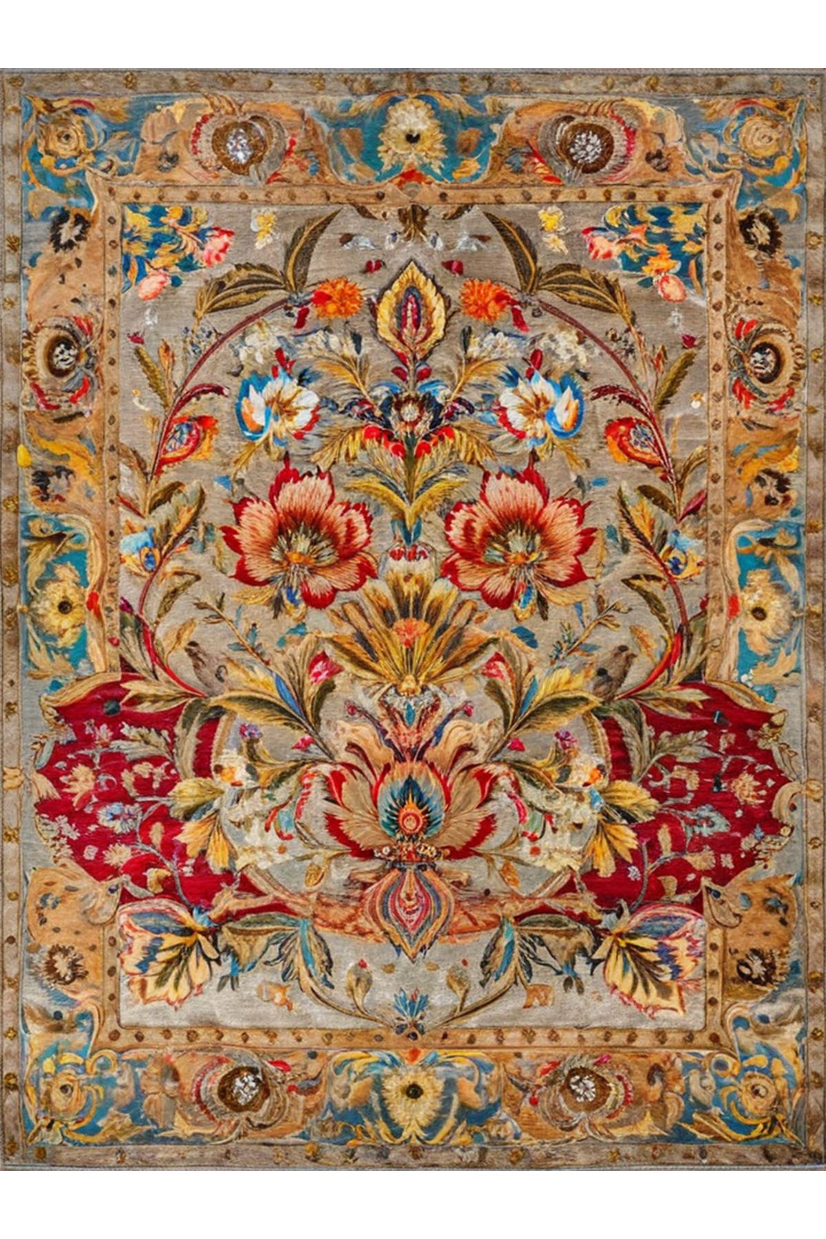 Tokyo Koleksiyonu Çok Renkli Floral Motifli Geleneksel Desen Dokuma Taban Vintage Dekoratif Halı 06