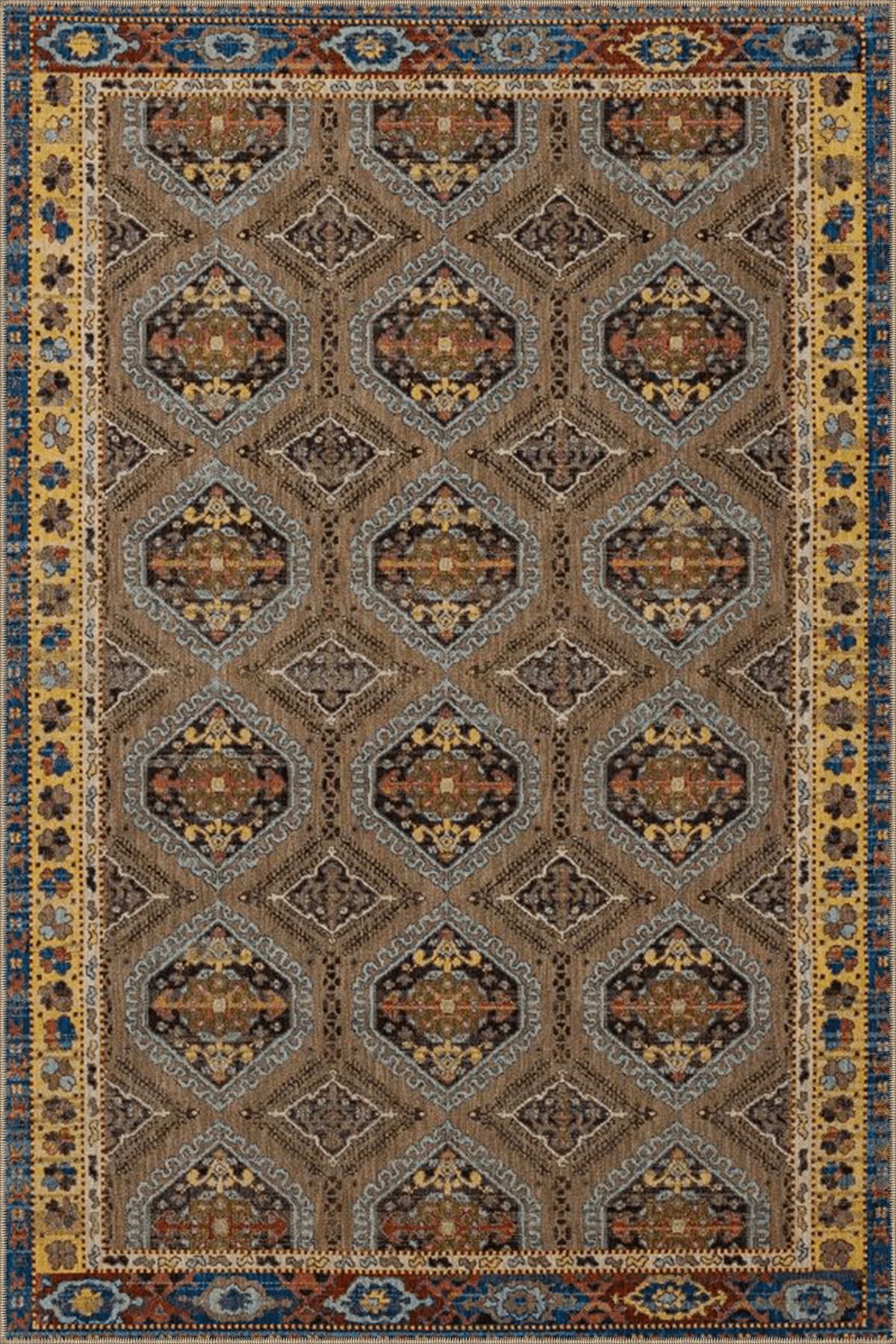 Kahverengi Temalı Çok Renkli Geleneksel Motif Etnik Desenli Vintage Dekoratif Halı 3980