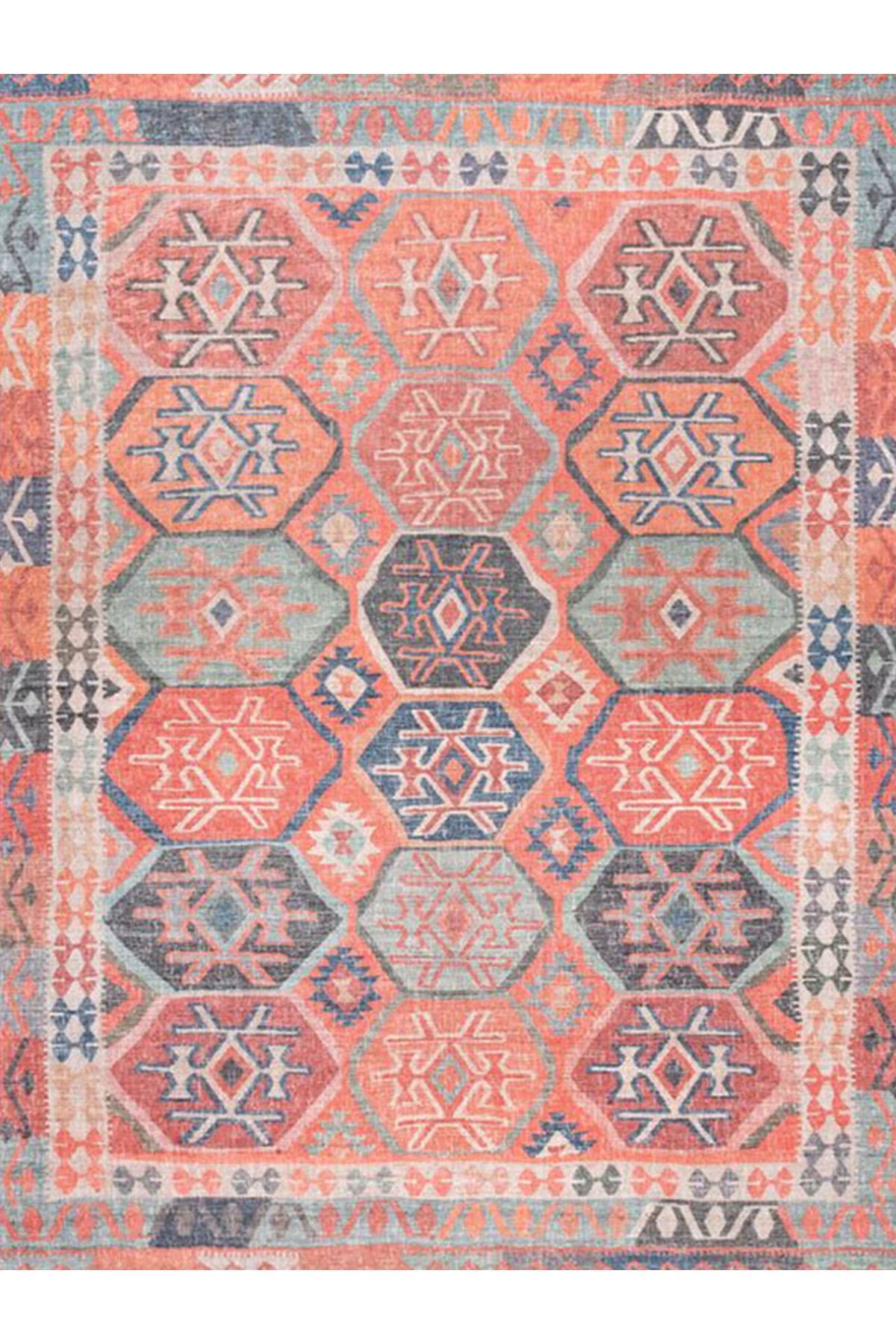 Alya Koleksiyonu Eskitme Görünümlü Çok Renkli Etnik Desenli Dokuma Taban Dekoratif Halı alya46