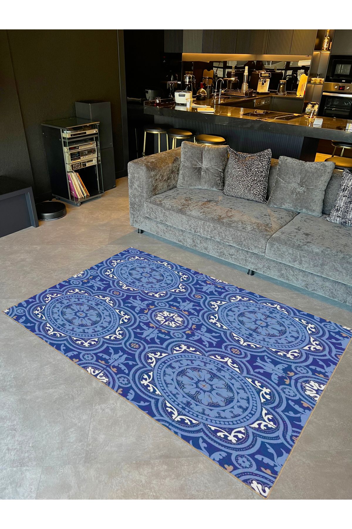 Tuğrul Koleksiyonu Mavi Tonlarda Çiçek Motifleri Desenli Dokuma Taban Modern Dekoratif Halı 15