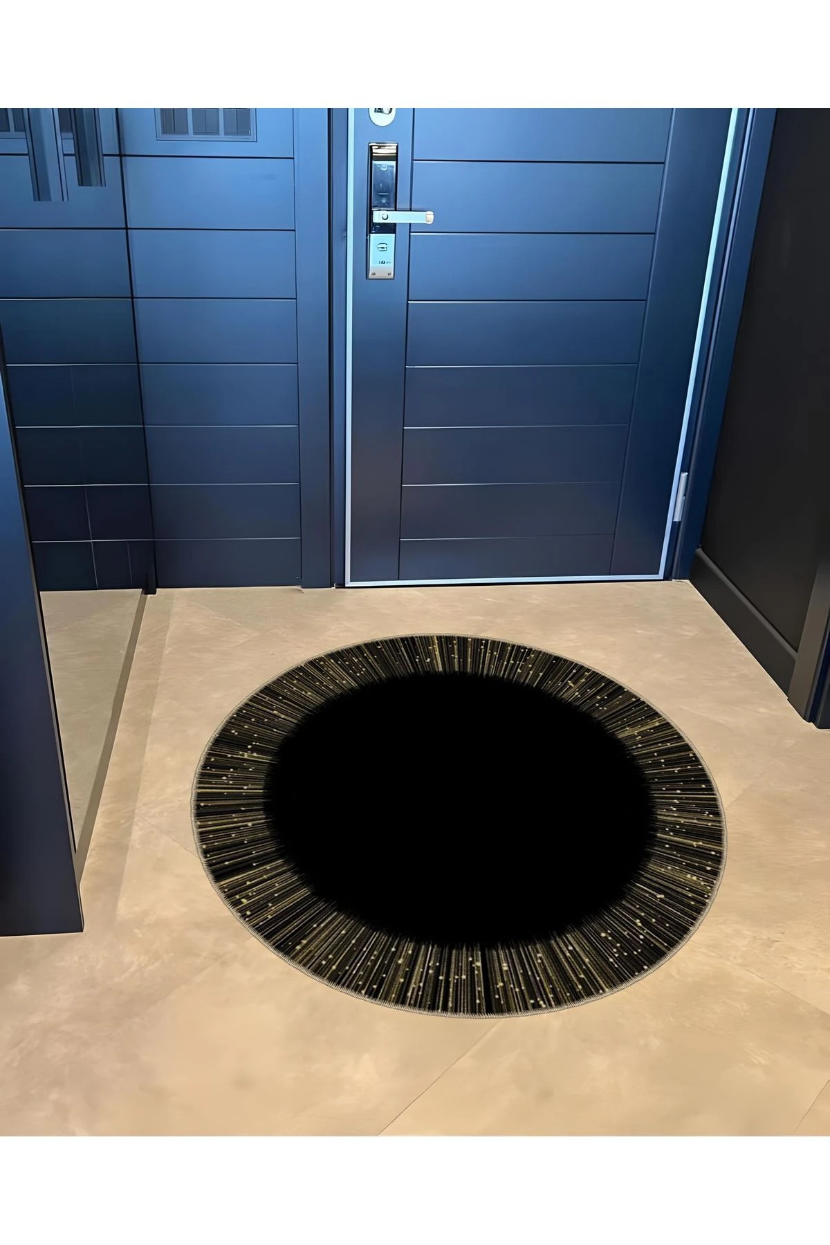 Siyah Temalı Klasik Desenli Çizgi Ayrıntılı Yuvarlak Dokuma Taban Modern Dekoratif Halı 6031