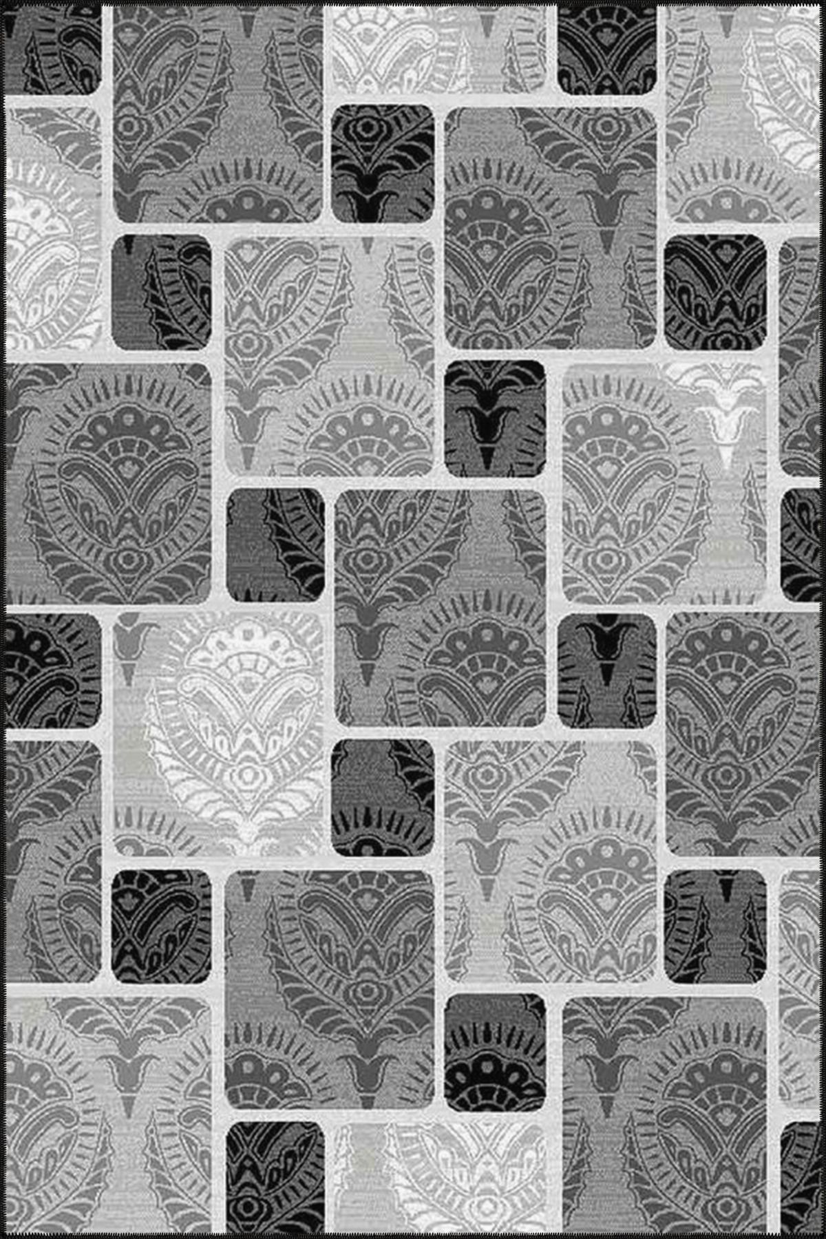 Siyah Beyaz Kareli Geometrik Temalı Dokuma Taban Halı ve Yıkanabilir Halı miravip9824