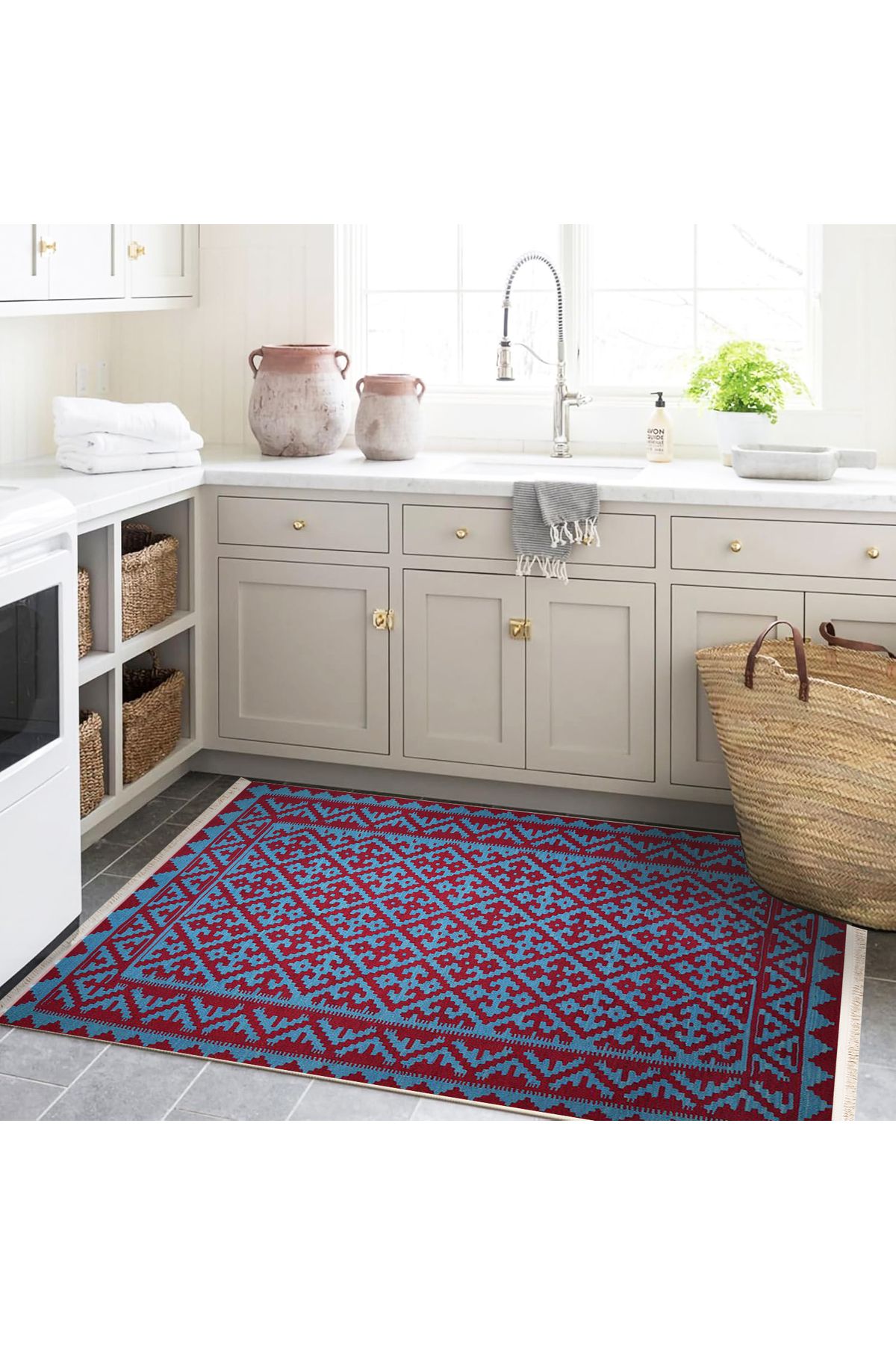 Maya Koleksiyonu Mavi Bordo Etnik Desenli Dokuma Taban Modern Dekoratif Halı maya25